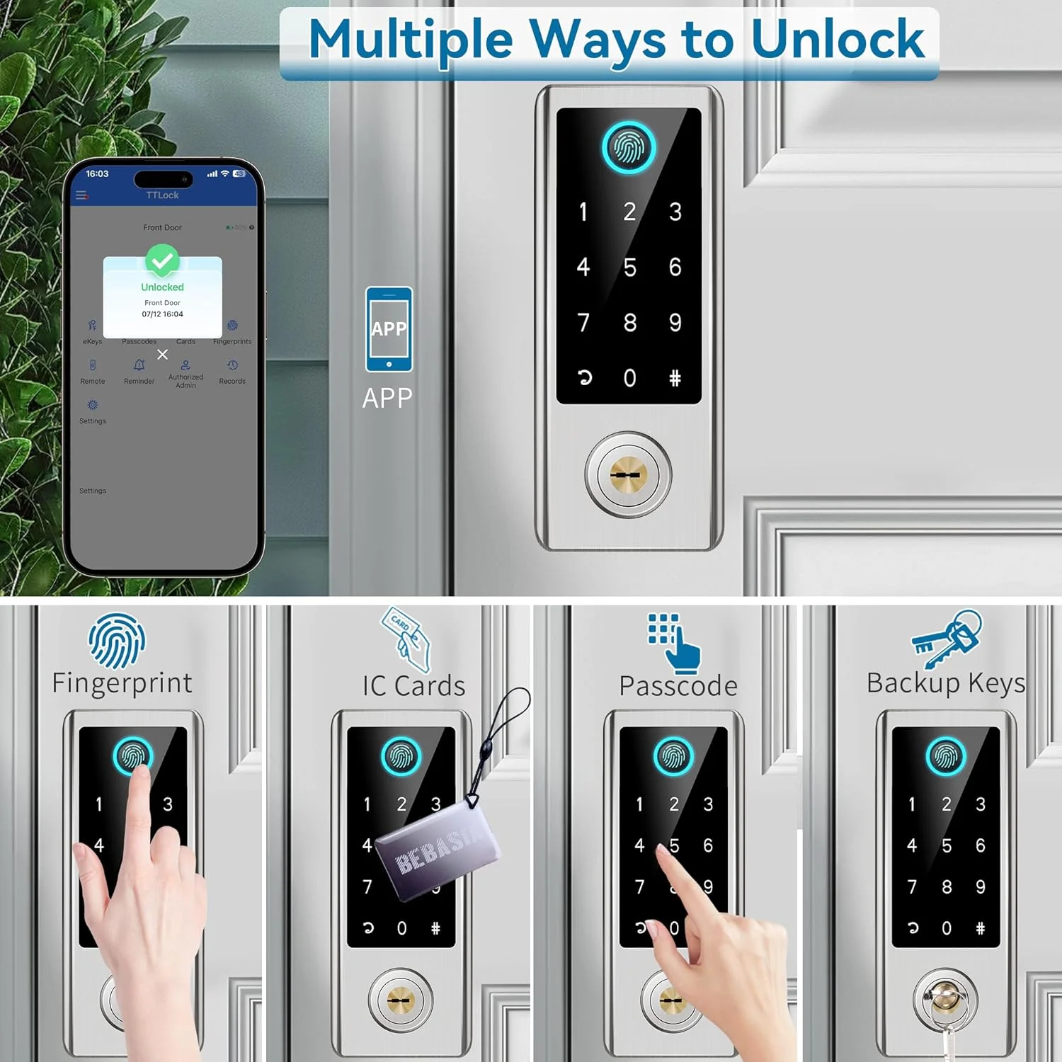 قفل درب اثر انگشتی هوشمند BEBASIA با دستگیره، کنترل کامل از طریق اپلیکیشن، قفل درب بدون کلید، صفحه کلید لمسی دیجیتال الکترونیکی، قفل های هوشمند Deadbolt برای درب ورودی، قفل خودکار، نیکل ساتن