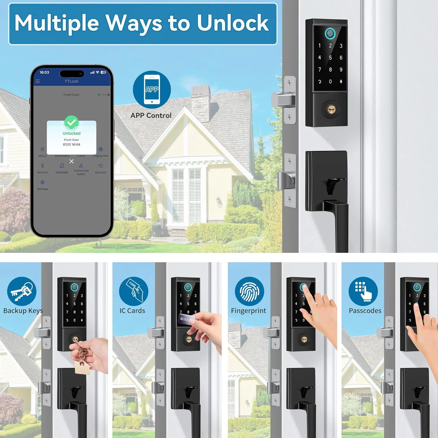 قفل درب هوشمند BEBASIA با دستگیره درب ورودی، دستگیره اثر انگشتی سنگین، قفل دیجیتال هوشمند بدون کلید برای درب ورودی، قفل صفحه کلید بلوتوثی مشکی