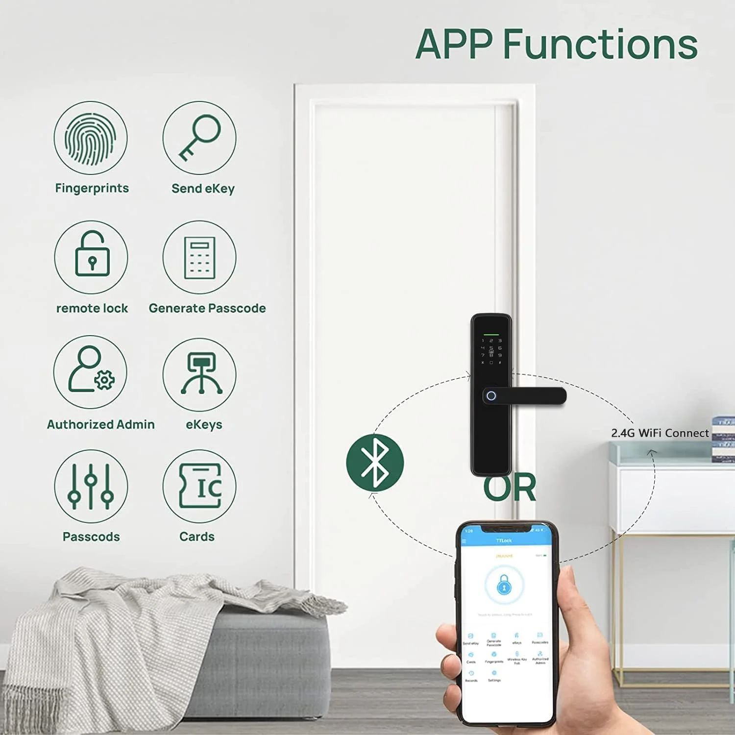 قفل هوشمند، قفل هوشمند 2 در 1 WiFi و بلوتوث، نسخه GCC بدون نیاز به دروازه اضافی، درب دیجیتال با دستگیره برگشت پذیر برای آپارتمان منزل Airbnb (T1 Pro)