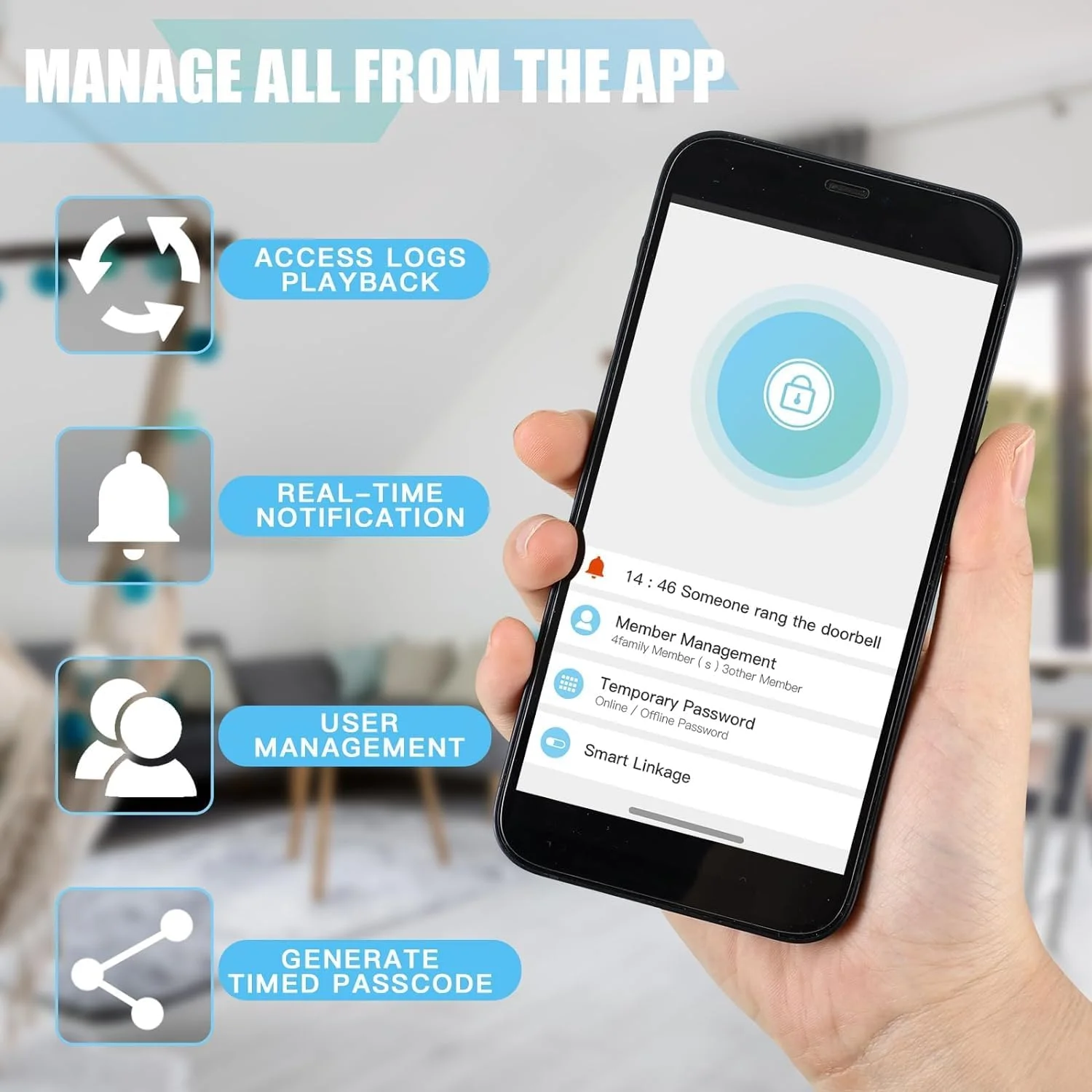 قفل درب دیجیتال هوشمند آنکیلا با چشمی و اثر انگشت، بلوتوث + وای فای، برنامه موبایل، OTP، پین، کارت RFID و کلید دستی، پشتیبانی از زبان عربی