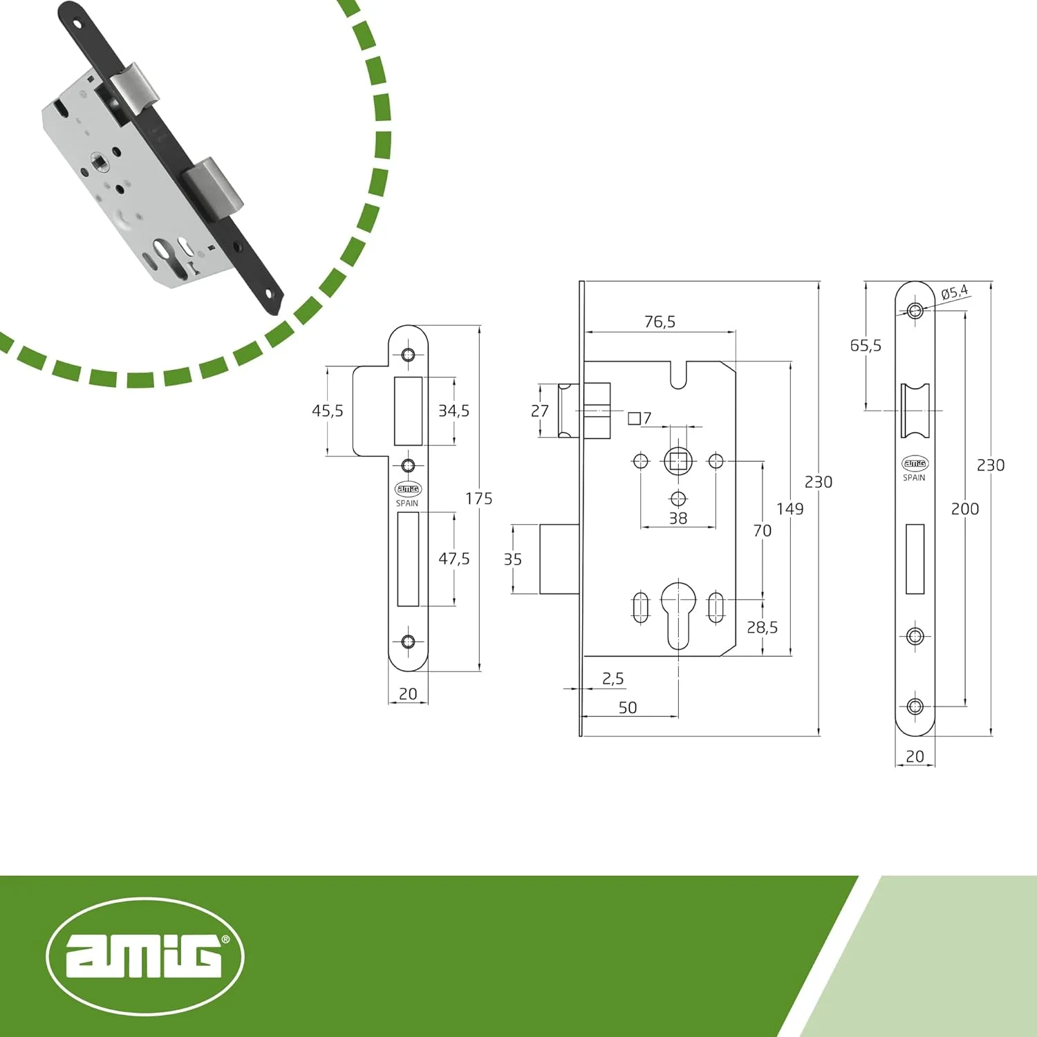 قفل توکار آمیگ - قفل درب چوبی | با زبانه قفل شونده | پیشانی و براکت لبه گرد | ورودی 50 میلی متر | دستگیره برگشت پذیر | فولاد | مشکی مات | 230 میلی متر