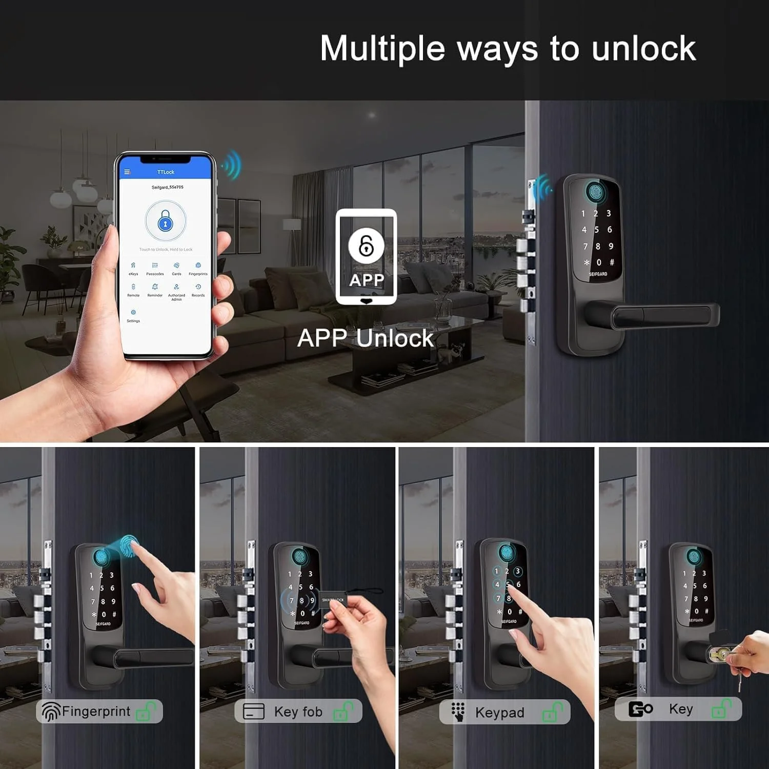 قفل درب هوشمند BIGTHREE، دستگیره درب هوشمند 5 در 1، قفل درب اثر انگشتی بلوتوثی، محافظت ضد آب، دستگیره درب هوشمند برای خانه/اتاق خواب/دفتر/آپارتمان