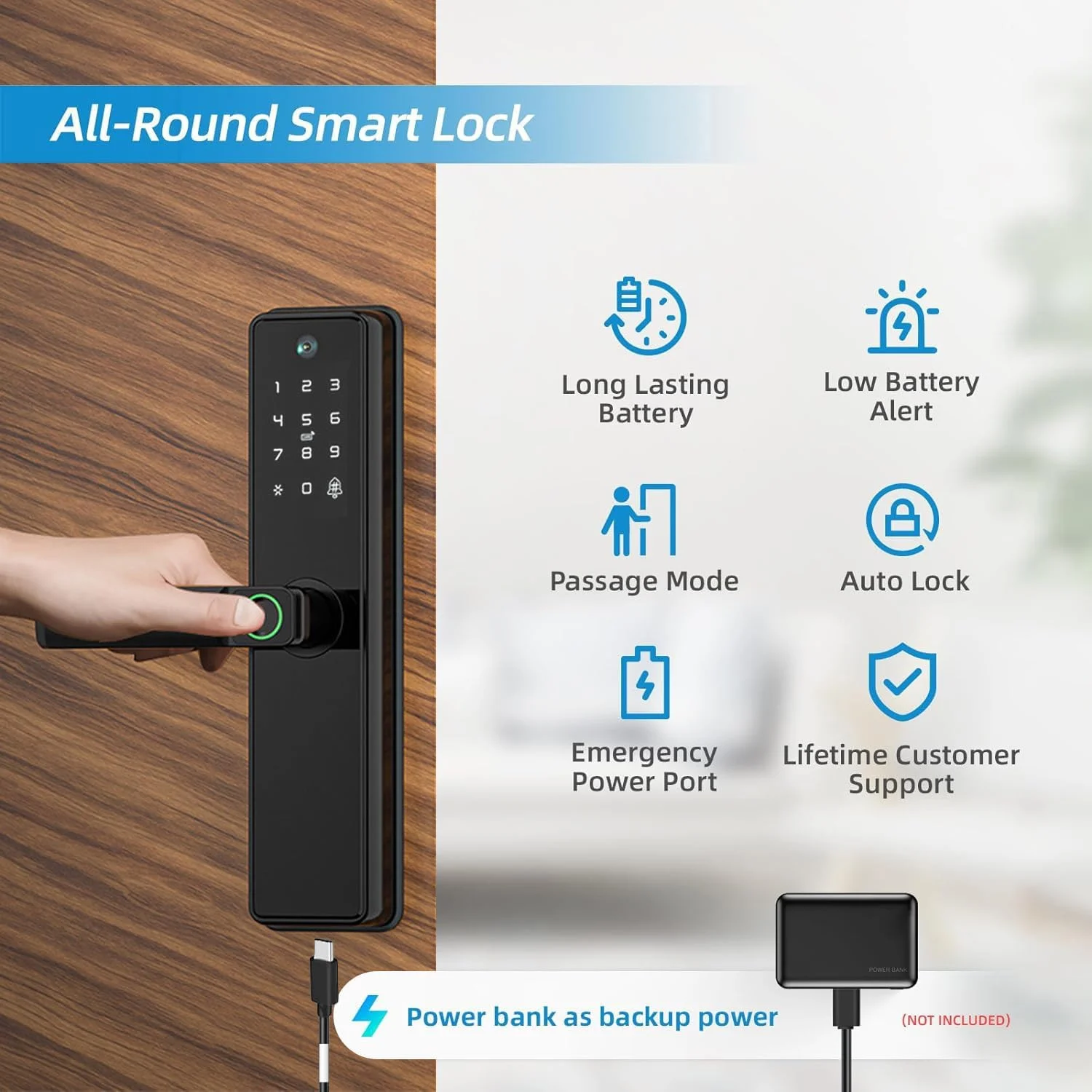 قفل درب دیجیتال هوشمند آنکیلا با چشمی و اثر انگشت، بلوتوث + وای فای، برنامه موبایل، OTP، پین، کارت RFID و کلید دستی، پشتیبانی از زبان عربی