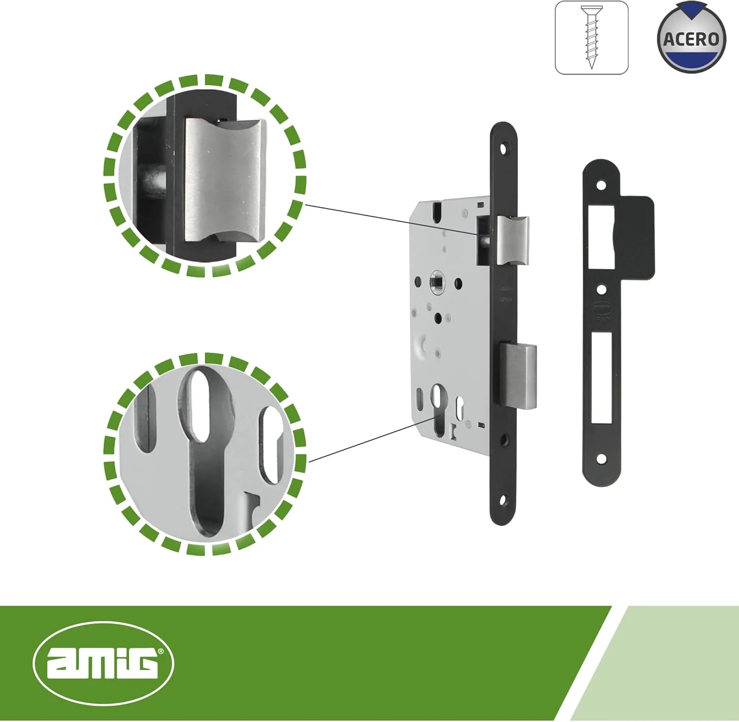 قفل توکار آمیگ - قفل درب چوبی | با زبانه قفل شونده | پیشانی و براکت لبه گرد | ورودی 50 میلی متر | دستگیره برگشت پذیر | فولاد | مشکی مات | 230 میلی متر