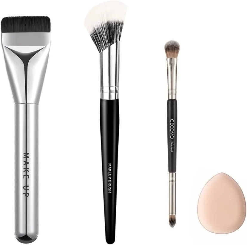 ست برس آرایشی حرفه ای 4 تکه به همراه پد پودر کوچک، برس کرم پودر، برس رژگونه زاویه دار، برس سایه چشم دو طرفه