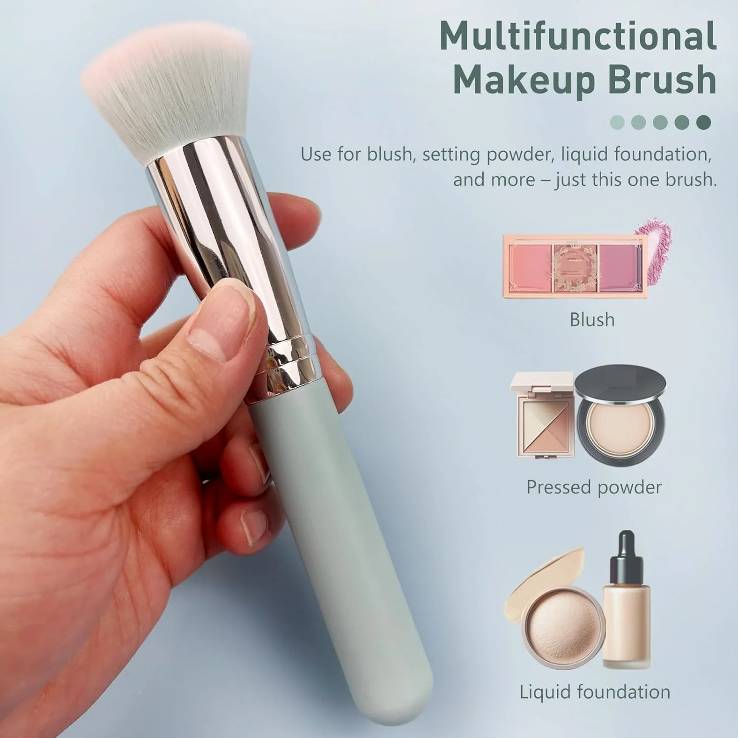 براش کرم پودر حرفه ای برای آرایش مایع، براش سر صاف برای ترکیب، پخش و نقطه گذاری، دسته آبی