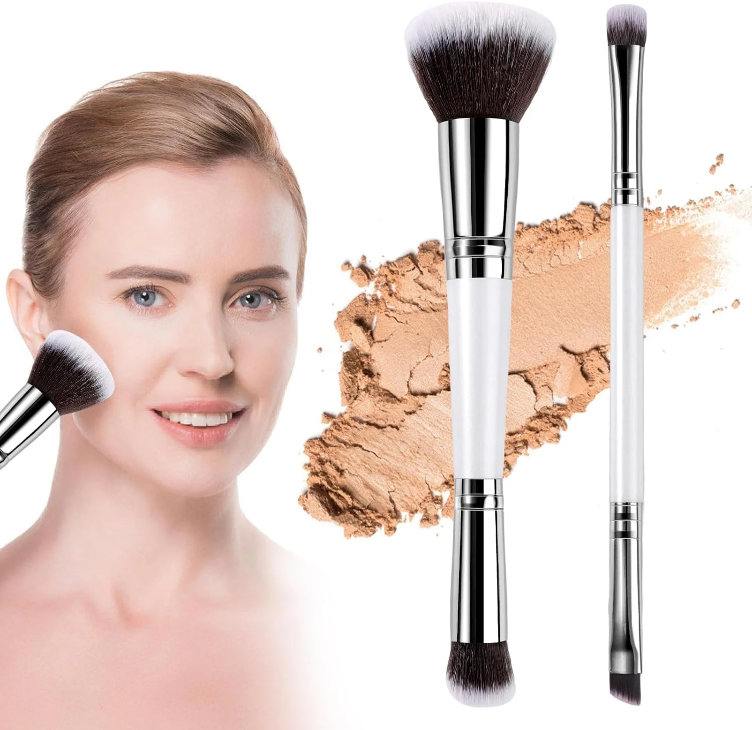 ست برس آرایشی دو عددی برای کرم پودر و رژگونه - برس کانتور دو سر 2 در 1، برس ترکیب پودر صورت برای فرم دهی، هایلایت، کانتورینگ کرم، رژگونه، کرم پودر مایع، کانسیلر، پرایمر آرایشی