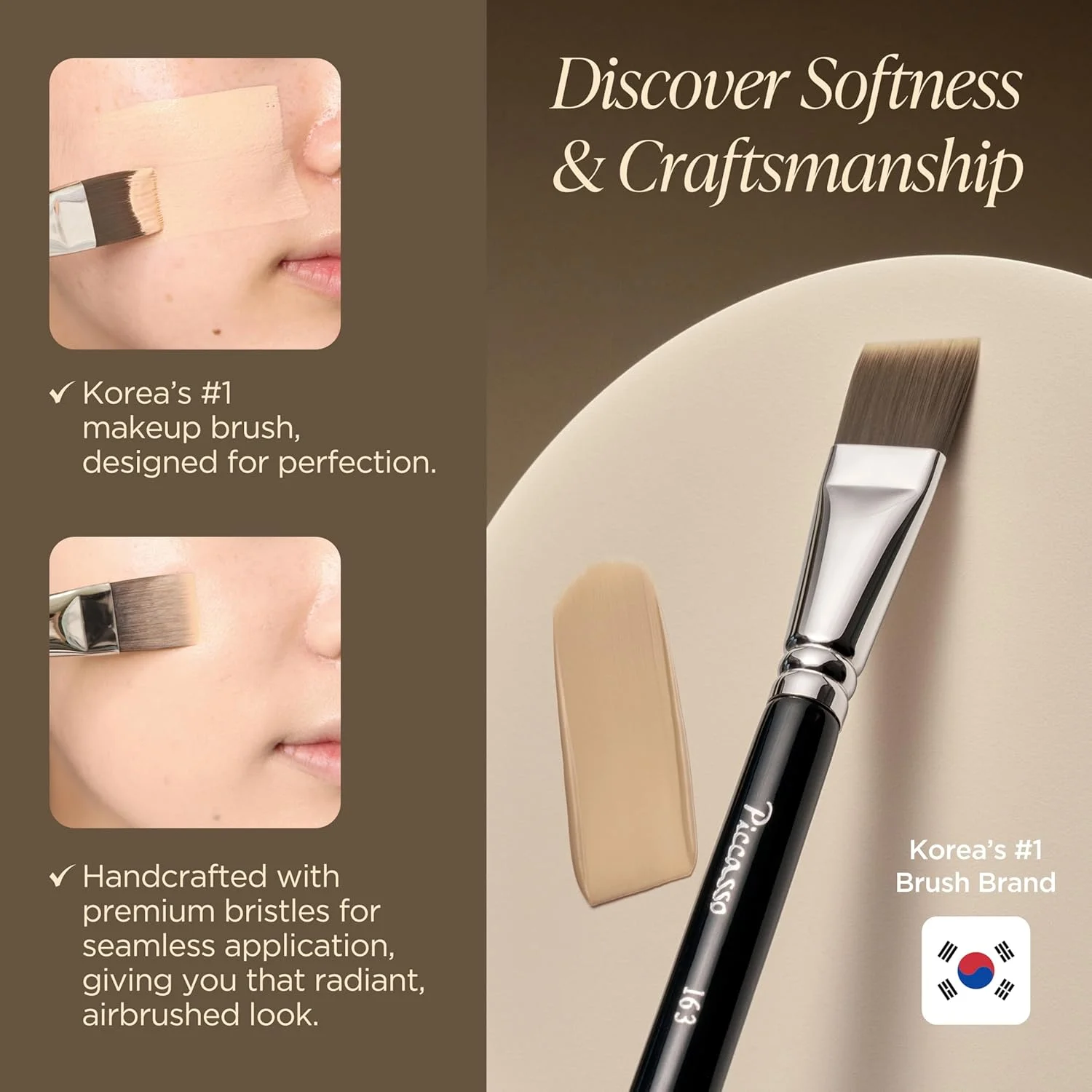 براش شماره 163 پیکاسو، براش کرم پودر با موهای نرم و متراکم مصنوعی برای آرایش بی نقص صورت، ایده آل برای کرم پودر مایع