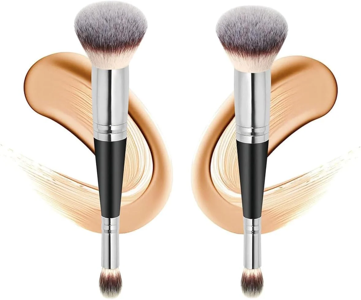 ست 2 عددی براش آرایشی دو سر - براش کرم پودر و کانسیلر گرد و مخروطی بی نقص، براش آرایشی دو سر برای ترکیب و پخش کردن مواد مایع، کرمی و پودری