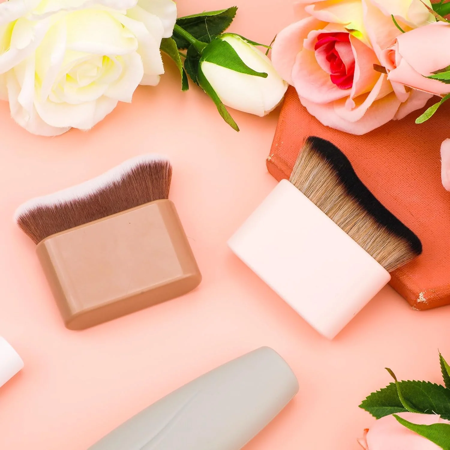 NQEUEPN برس برنزه کننده خودکار 2 عددی، برس برنزه کننده خودکار برای برس برنزه کننده برای بدن، برس آرایشی، برس فونداسیون، اپلیکاتور برای مخلوط کردن فونداسیون مایع، صورت بدن (صورتی گوشتی، صورتی)