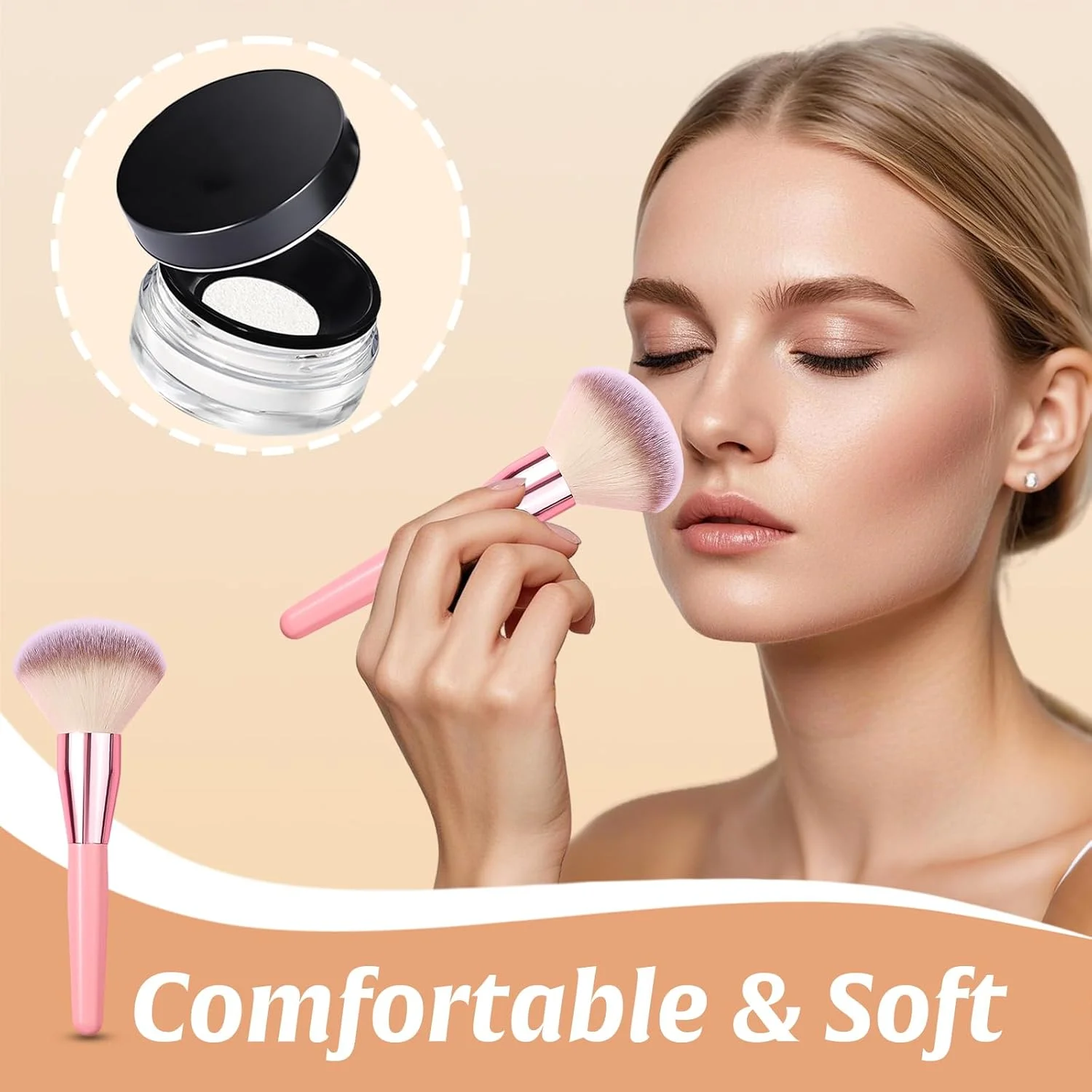 براش آرایشی، براش بزرگ پودر، براش آرایشی کرم پودر کابوکی سر صاف - براش برای صورت پوشش بزرگ پودر معدنی برنزر ترکیب کرم پودر رژگونه، برای آرایش چشم و صورت، صورتی