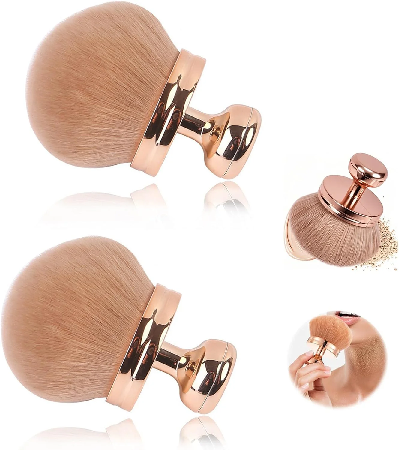 ست 2 عددی براش آرایشی بزرگ، براش پودر بزرگ، براش برنزه کننده، بیضی شکل، براش آرایشی نرم برای کرم پودر کابوکی، رژگونه، بدن، برنزر، 7.4 سانتی متر (رزگلد)