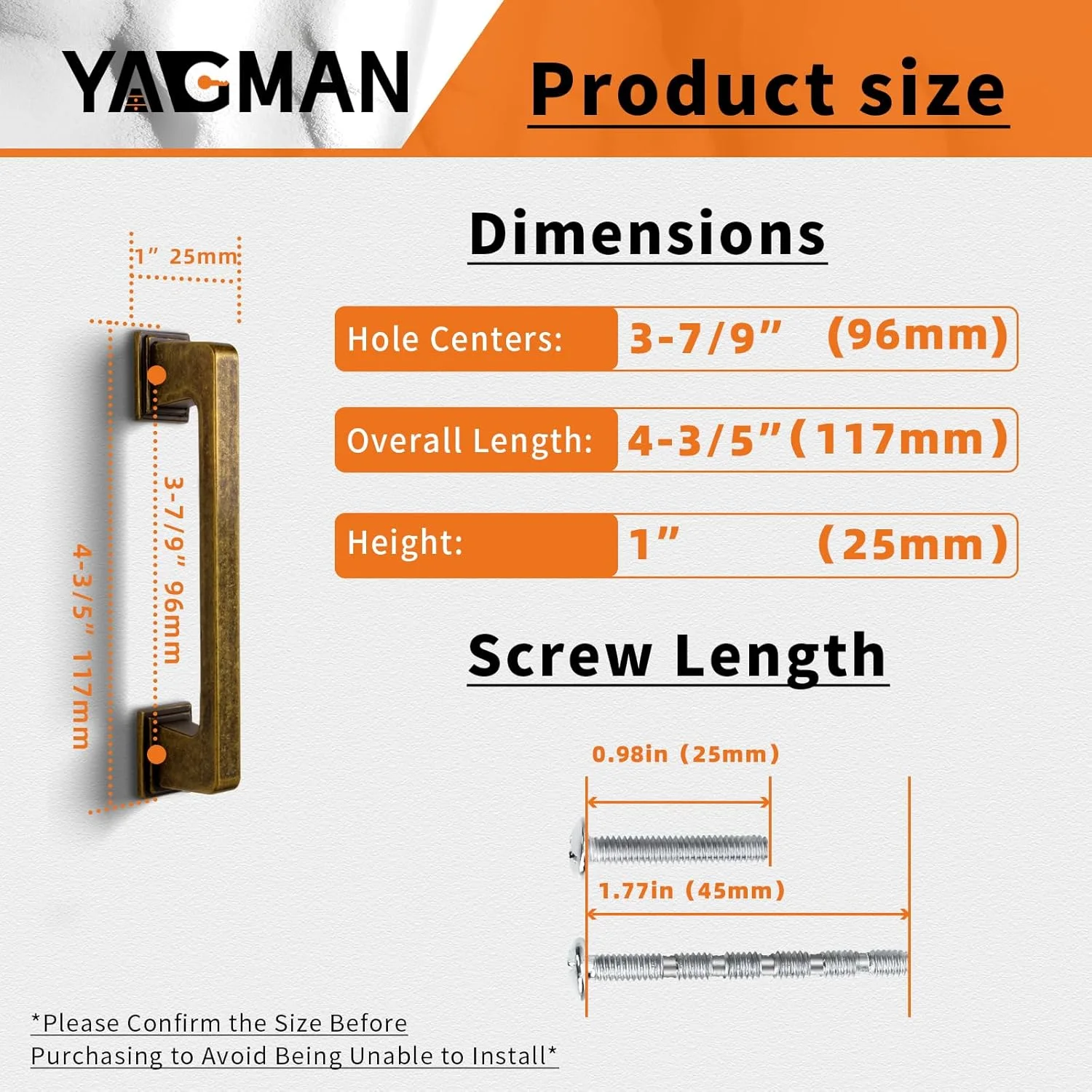دستگیره کابینت برنجی عتیقه یاگمن، بسته 10 عددی، مرکز سوراخ 96 میلی متری (3-3/4 اینچ)، دستگیره های آشپزخانه رترو برای مبلمان و کشوها، دستگیره های مربعی قدیمی کمد، دستگیره کشو، سخت افزار Q-AB96-10