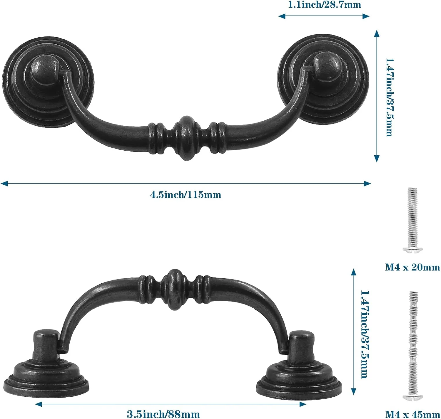 دستگیره های آویز عتیقه Waziaqoc، بسته 6 عددی، فاصله مرکز سوراخ 3.5 اینچ، دستگیره کشو شیک و قدیمی مشکی رنگ برای کمد، کابینت، کمد لباس، درب آشپزخانه