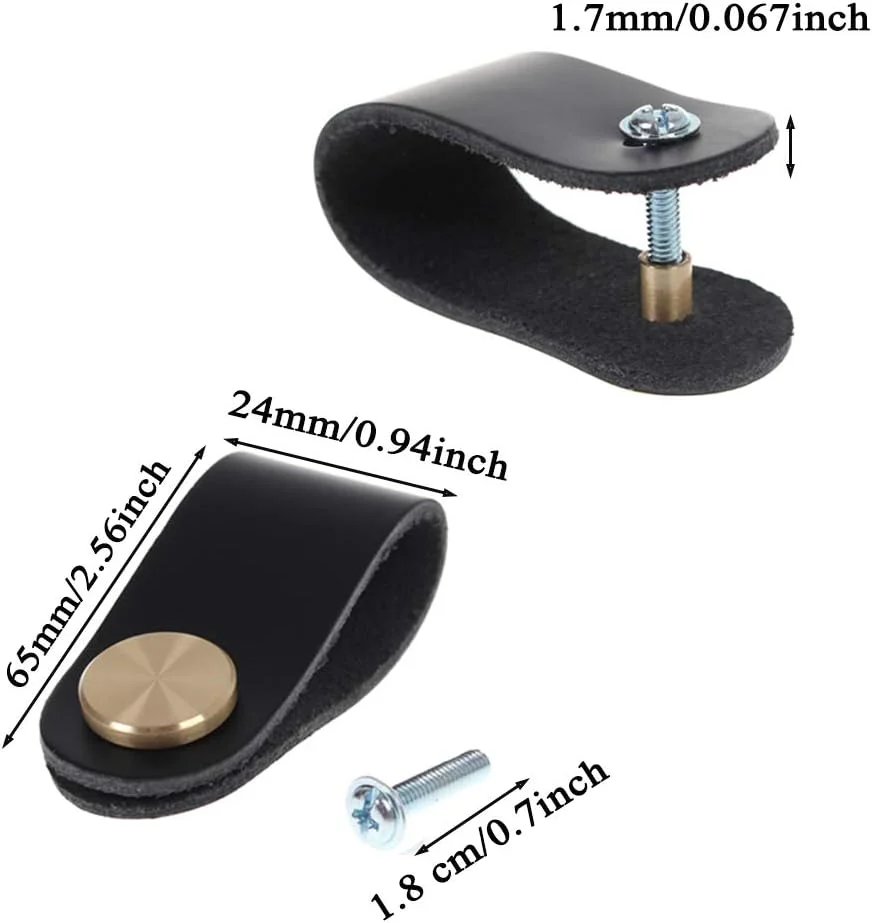 دستگیره چرمی کشو VIDELLY، بسته 12 عددی، دست ساز، دستگیره درب کمد و کابینت، همراه با پیچ، مشکی