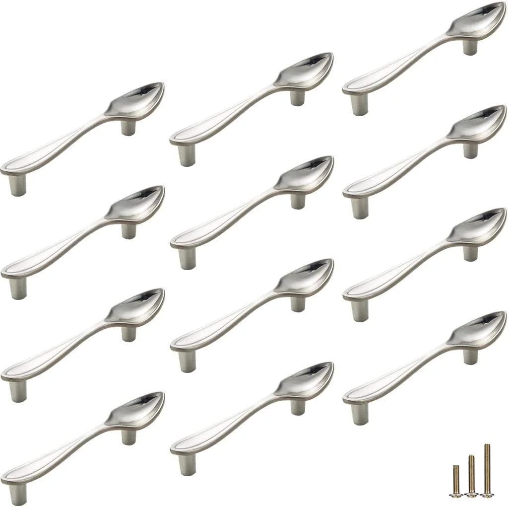 دستگیره کابینت طرح столовые приборы Sinyiol، 12 عددی، طرح قاشق چنگال چاقو، فاصله سوراخ 3 اینچ، دستگیره های کمد آشپزخانه قدیمی، زیبا و سرگرم کننده (قاشق، نقره ای، 12 عدد)