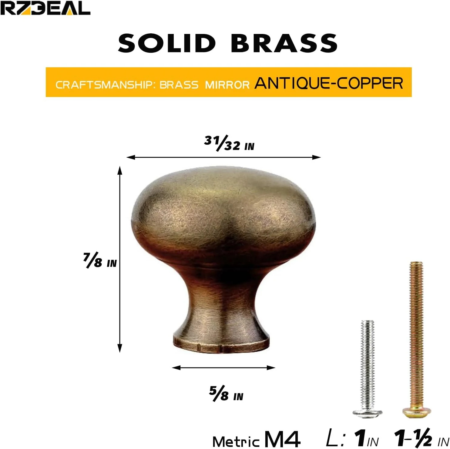 RZDEAL ست چهارتایی دستگیره برنجی با سبک عتیقه، ساده و شیک، سخت افزار جامد، مناسب برای کمد، کابینت، کشو، جعبه و درب (برنج عتیقه)