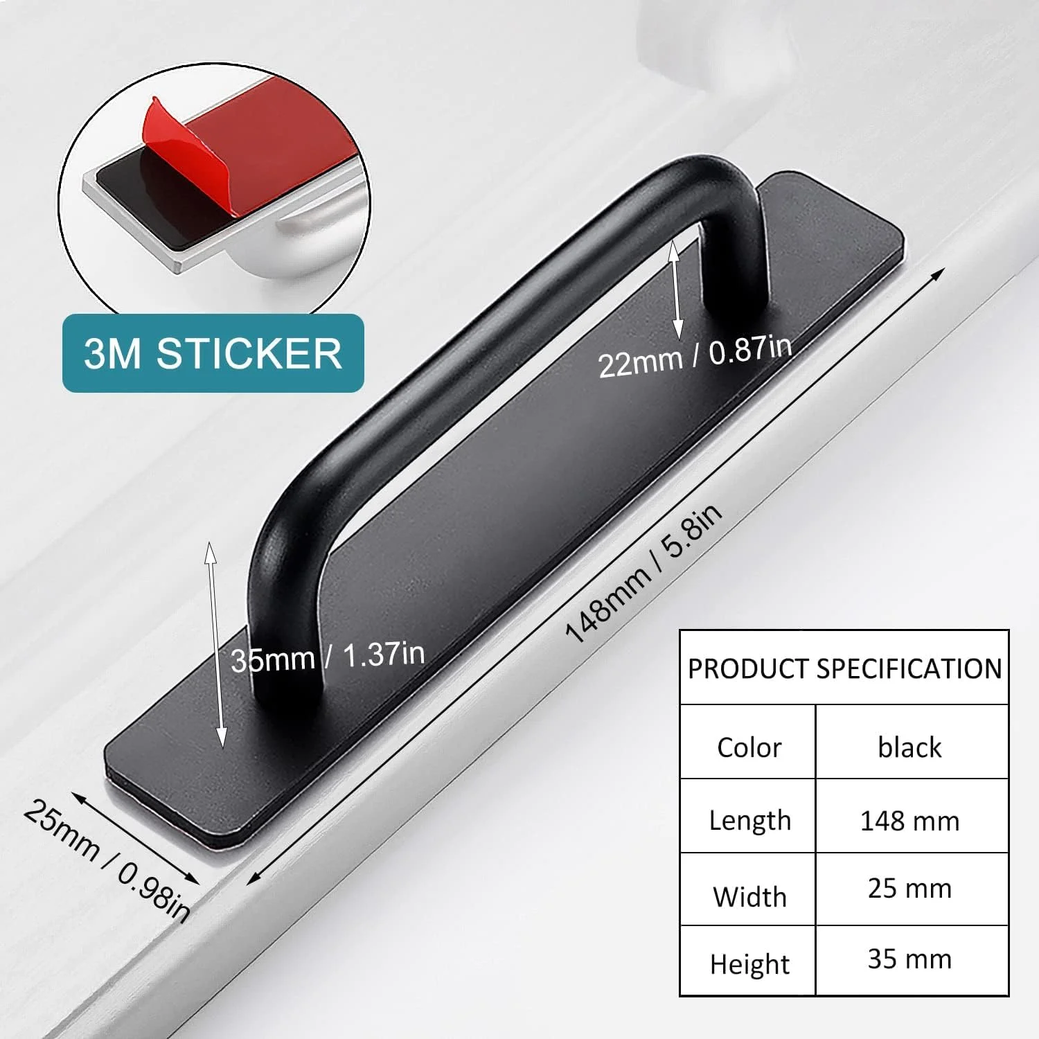 دستگیره کابینت چسبی ریان، دستگیره کشو فوری خود چسب، دستگیره خود چسب آلیاژ آلومینیوم، بدون نیاز به سوراخ کاری، دستگیره کمکی فشاری کششی، برای کمد لباس (بسته 2 عددی، مشکی، 14.8 سانتی متر)