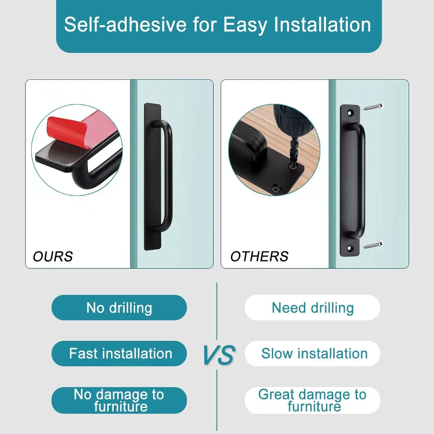 دستگیره کابینت چسبی ریان، دستگیره کشو فوری خود چسب، دستگیره خود چسب آلیاژ آلومینیوم، بدون نیاز به سوراخ کاری، دستگیره کمکی فشاری کششی، برای کمد لباس (بسته 2 عددی، مشکی، 14.8 سانتی متر)