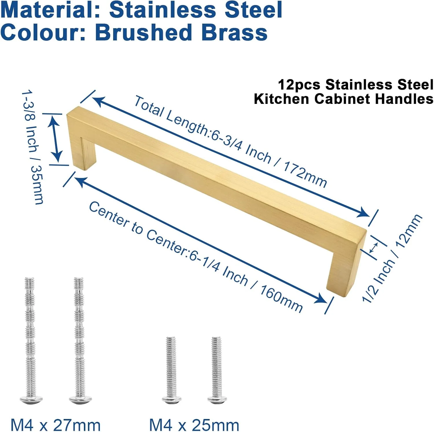 دستگیره کابینت طلایی مات Qjaiune، بسته 12 عددی، دستگیره مربعی کمد، فاصله سوراخ تا سوراخ 160 میلی متر، دستگیره استیل ضد زنگ، دستگیره کشو آشپزخانه برای کمد لباس و روشویی
