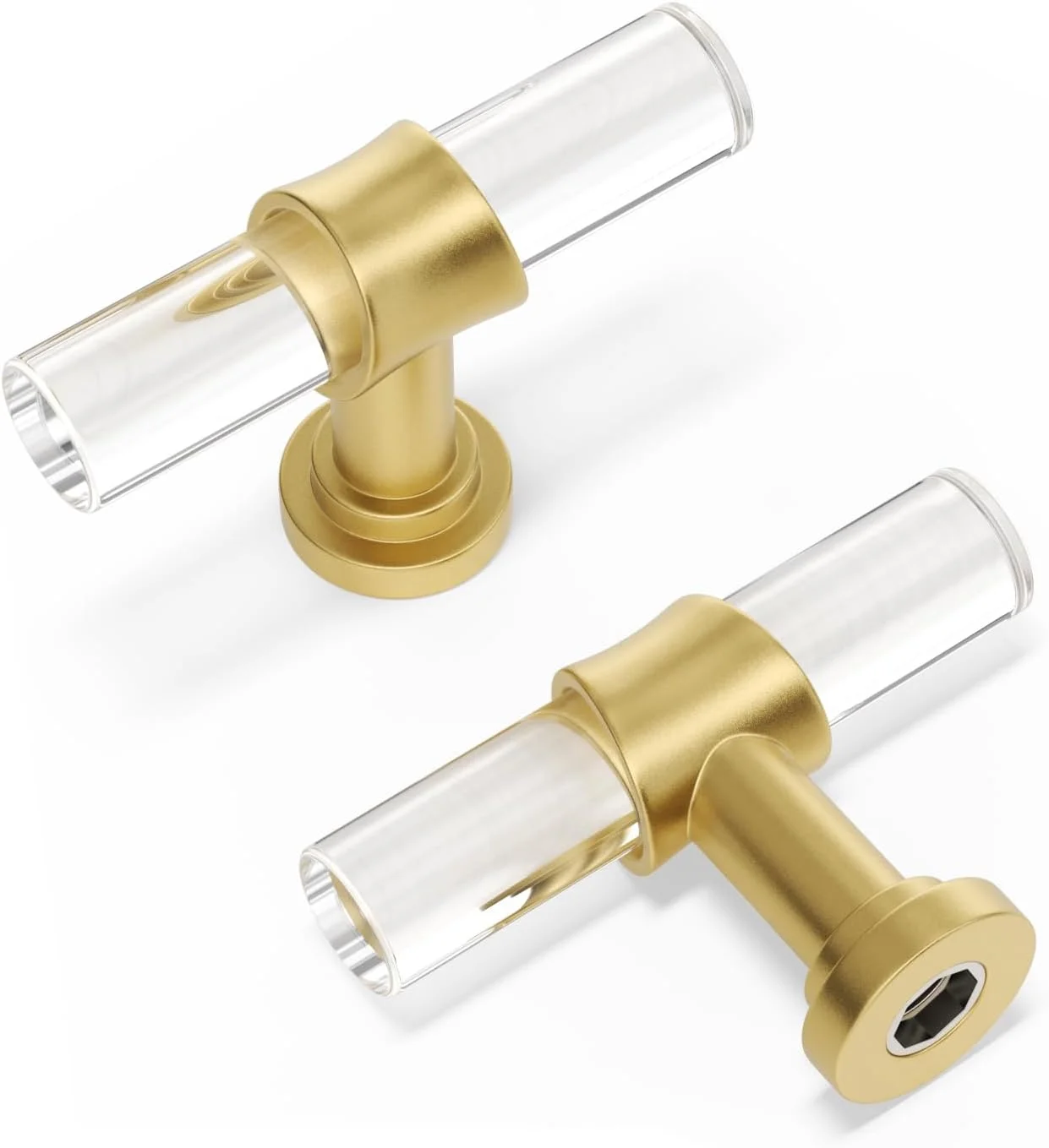 دستگیره کشو Peaha بسته 10 عددی، دستگیره های طلایی تزئینی کابینت آشپزخانه، دستگیره های اکریلیک کابینت، سخت افزار کابینت برنجی برس خورده، دستگیره های T برای کابینت تک سوراخ، طول 2 اینچ