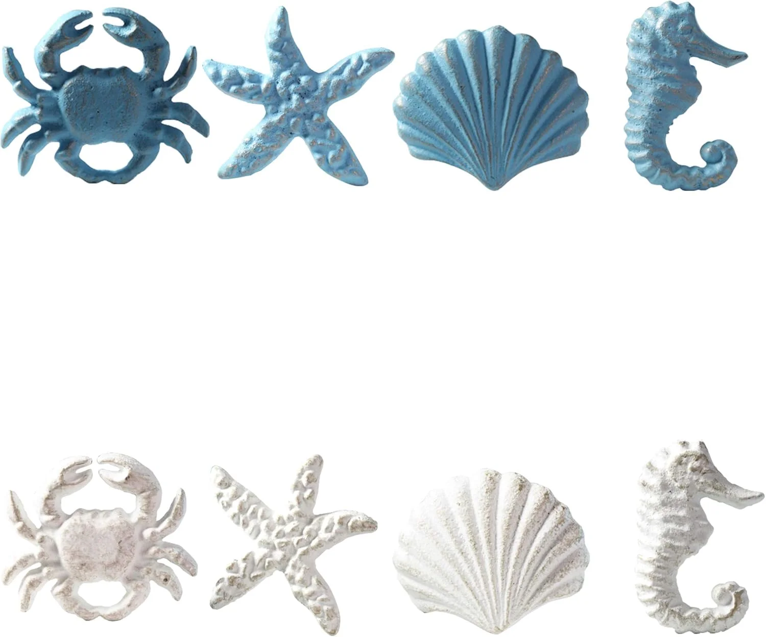 مچ ورز - دستگیره کشو چدنی به سبک ملوان یکپارچهسازی با سیستمعامل - کابینت آشپزخانه کمد سخت افزار کامپیوتر - مدل اسب دریایی | ستاره دریایی | خرچنگ | صدف دار (8 عدد، آبی+سفید)