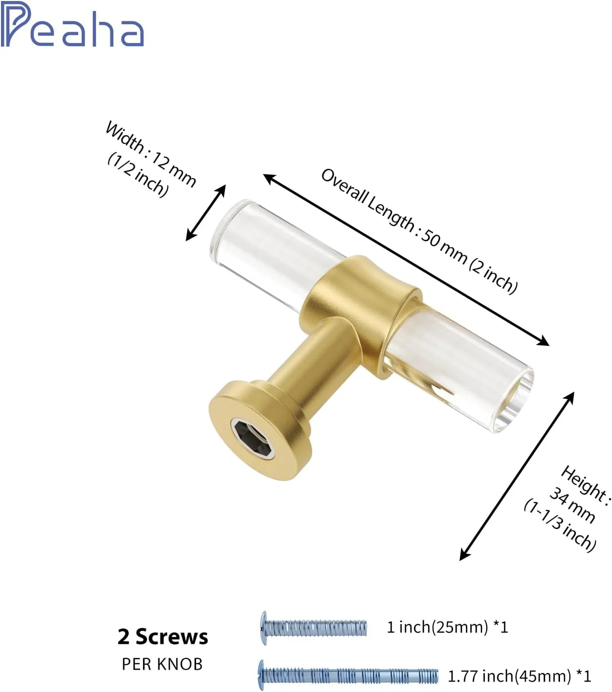 دستگیره کشو Peaha بسته 10 عددی، دستگیره های طلایی تزئینی کابینت آشپزخانه، دستگیره های اکریلیک کابینت، سخت افزار کابینت برنجی برس خورده، دستگیره های T برای کابینت تک سوراخ، طول 2 اینچ
