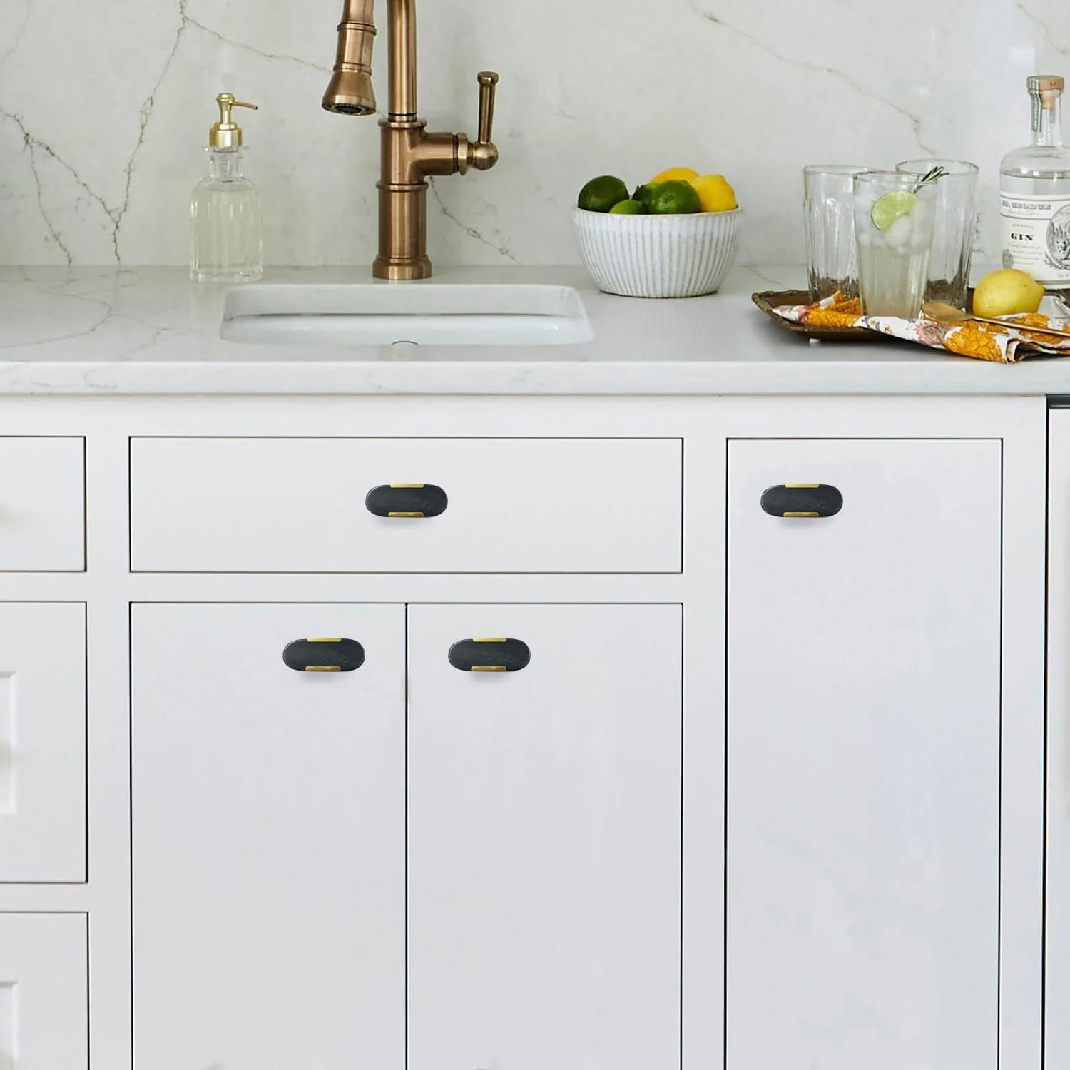 پریلا هوم، ست 6 عددی دستگیره مرمری برای کابینت و کشو، دستگیره های بیضی سنگی مشکی تزئینی برای سخت افزار کابینت آشپزخانه منزل، کمد، درب شیشه ای، دراور، کشو (بیضی، مشکی)