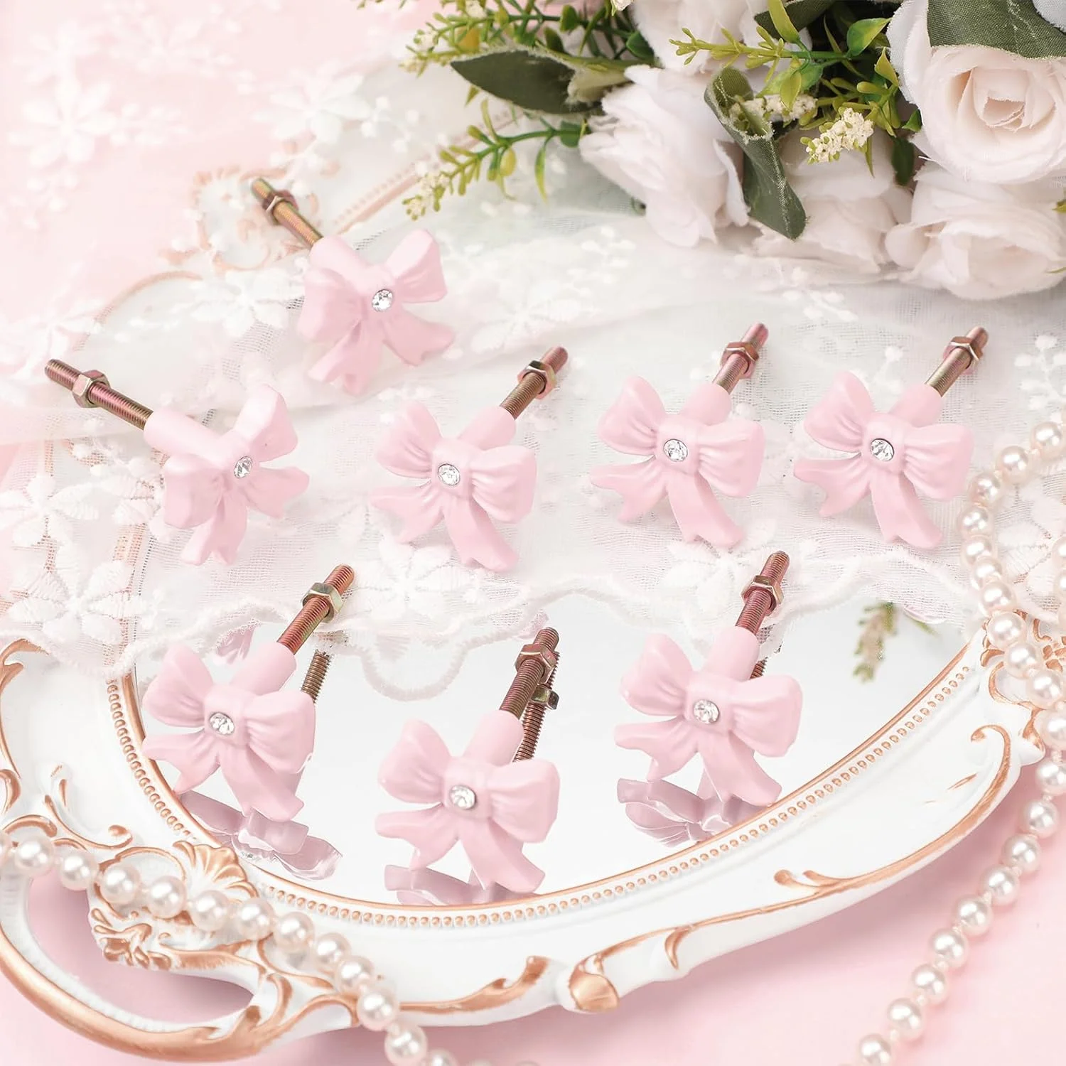 دستگیره کمد و کشو پاپیونی صورتی MorningRo، 8 عددی، دستگیره دکوری و فانتزی مناسب آشپزخانه، اتاق خواب، میز و کمد، ابعاد 3.6x3.8 سانتی متر