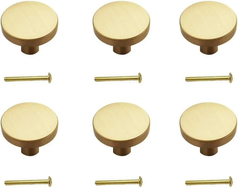 دستگیره کابینت برنجی Lxeqiony، بسته 6 عددی، طلایی مات، گرد، قطر 30 میلی متر، دستگیره درب کابینت طلایی، دستگیره کشو کمد