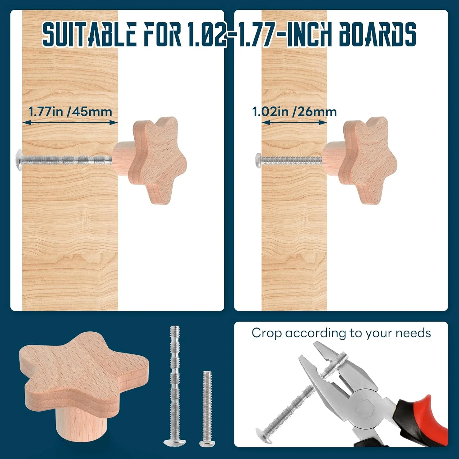 دستگیره چوبی کشو LOUZAGO طرح ستاره، 6 عددی، دستگیره کمد چوبی طرح بوهو، دستگیره درب کابینت چوبی (طرح ستاره)