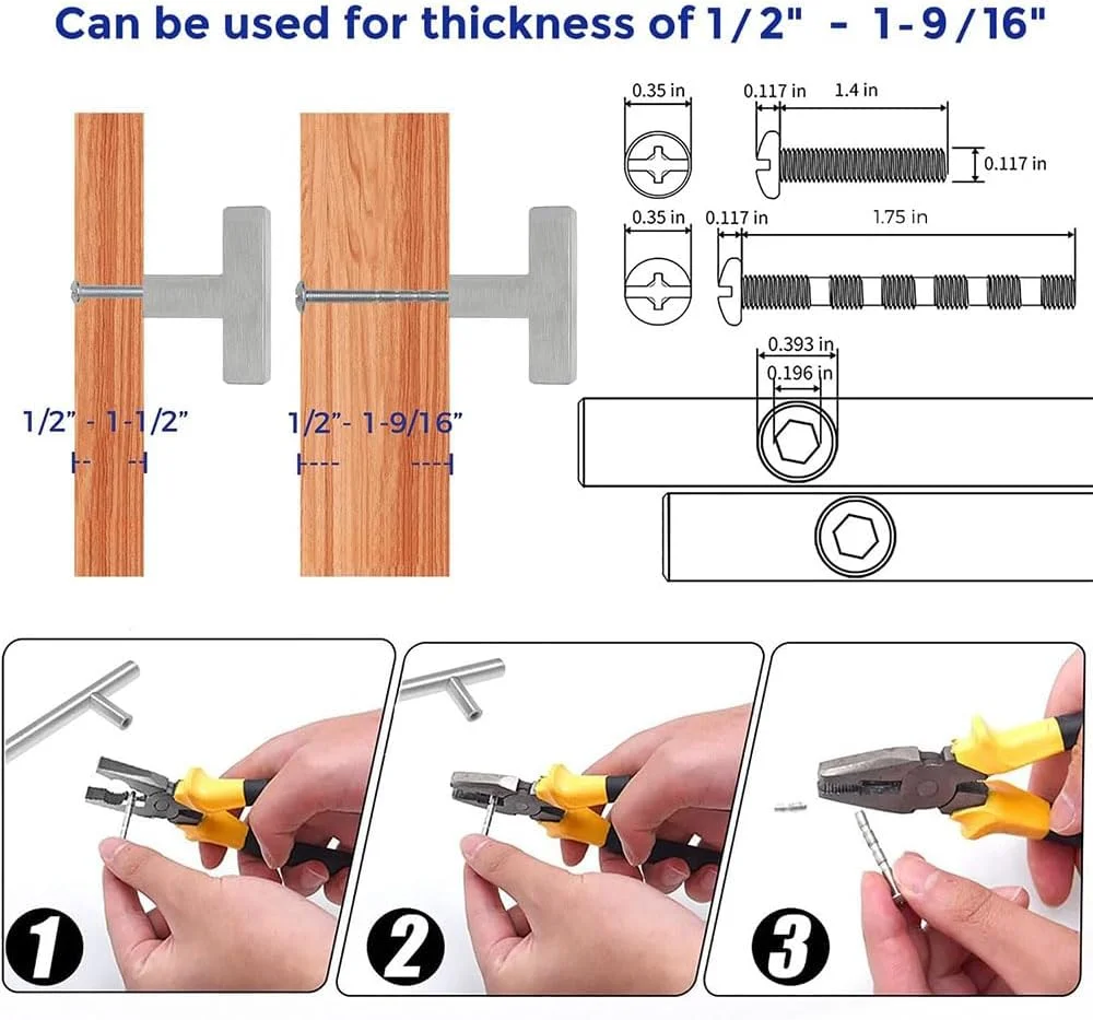 دستگیره های کابینت JZS تک سوراخه، دستگیره های T شکل، دستگیره های کشو کابینت، سخت افزار کابینت، دستگیره های کابینت تک سوراخه استیل ضد زنگ، بسته 4 عددی مربع نقره ای روشن