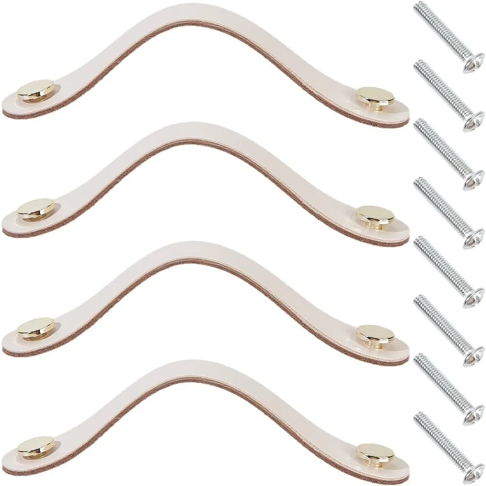 GORGECRAFT بسته 4 عددی دستگیره چرمی کشو 16.8 سانتی متری، دستگیره کابینت، دستگیره نرم درب کمد آشپزخانه، سخت افزار چرمی اصل، دستگیره تزئینی کمد لباس با پیچ برای کابینت مبلمان (سفید شیری)