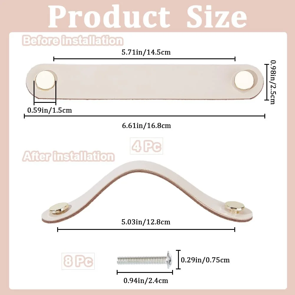 GORGECRAFT بسته 4 عددی دستگیره چرمی کشو 16.8 سانتی متری، دستگیره کابینت، دستگیره نرم درب کمد آشپزخانه، سخت افزار چرمی اصل، دستگیره تزئینی کمد لباس با پیچ برای کابینت مبلمان (سفید شیری)