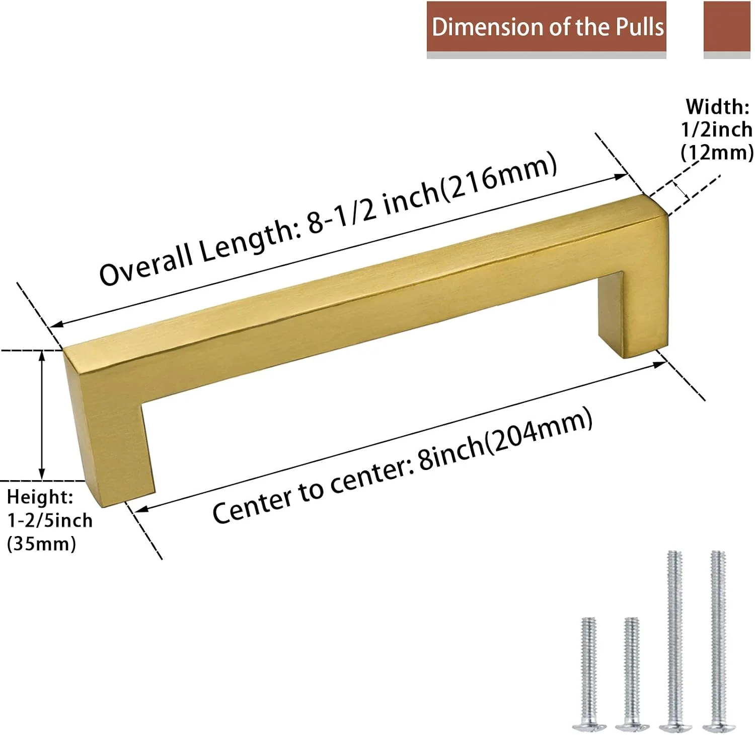 دستگیره کابینت طلایی برس خورده گلدن وارم - سخت افزار طلایی برای کابینت ها - دستگیره های کشو برنجی LSJ12GD204 برای کشوهای کمد 204 میلی متر فاصله سوراخ سخت افزار مبلمان، بسته 5 عددی