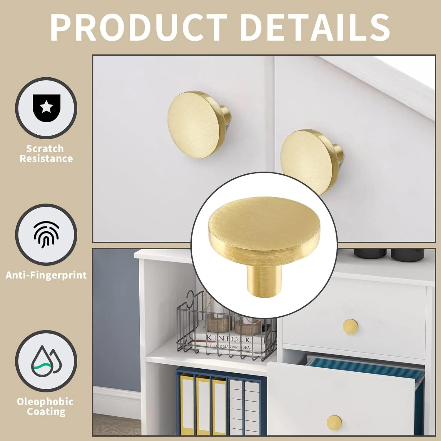 دستگیره کابینت طلایی GEPAS، بسته 6 عددی، دستگیره حلقه ای برنجی برس خورده آلیاژ روی، سخت افزار مبلمان برای کشوهای کمد آشپزخانه، نصب آسان (مدل 1)