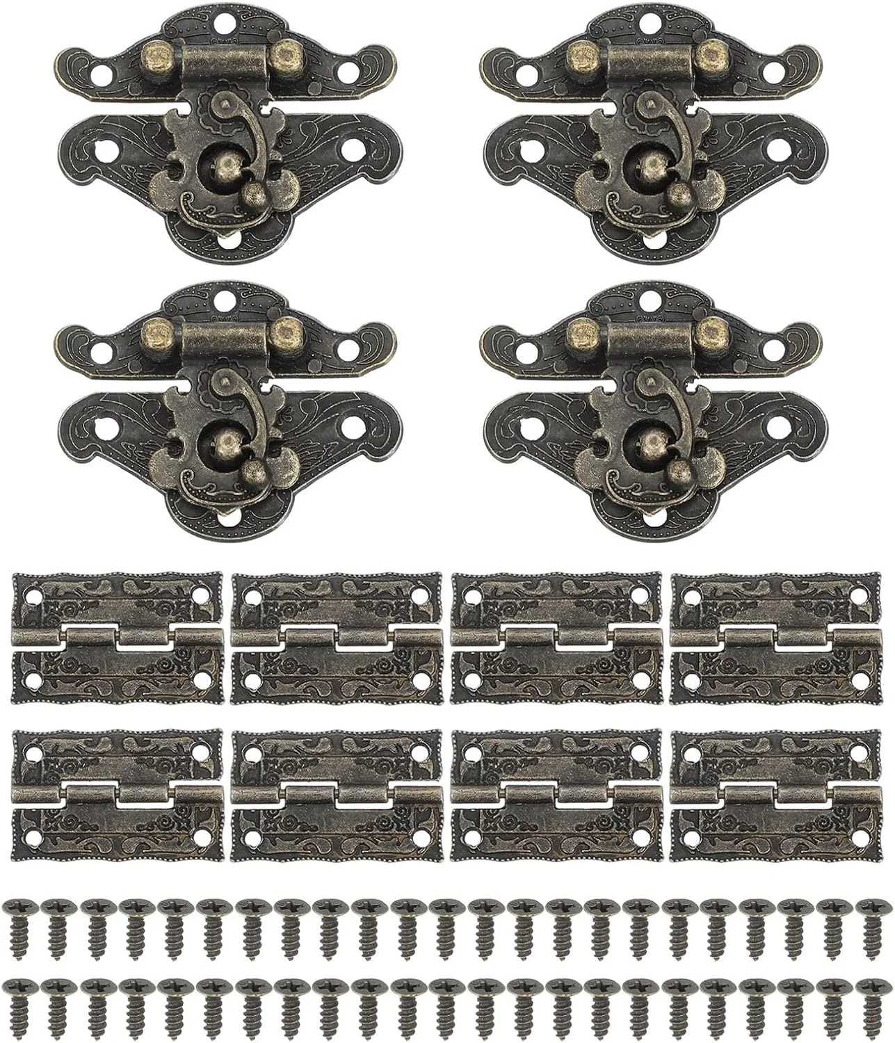 لولای کوچک برای جعبه چوبی، لولای بازوی چرخان حکاکی شده برنزی عتیقه با قلاب قفل راست و پیچ، برای جعبه جواهرات، کابینت چوبی، جعبه ابزار، چمدان، جایگزینی سخت افزار تزئینی