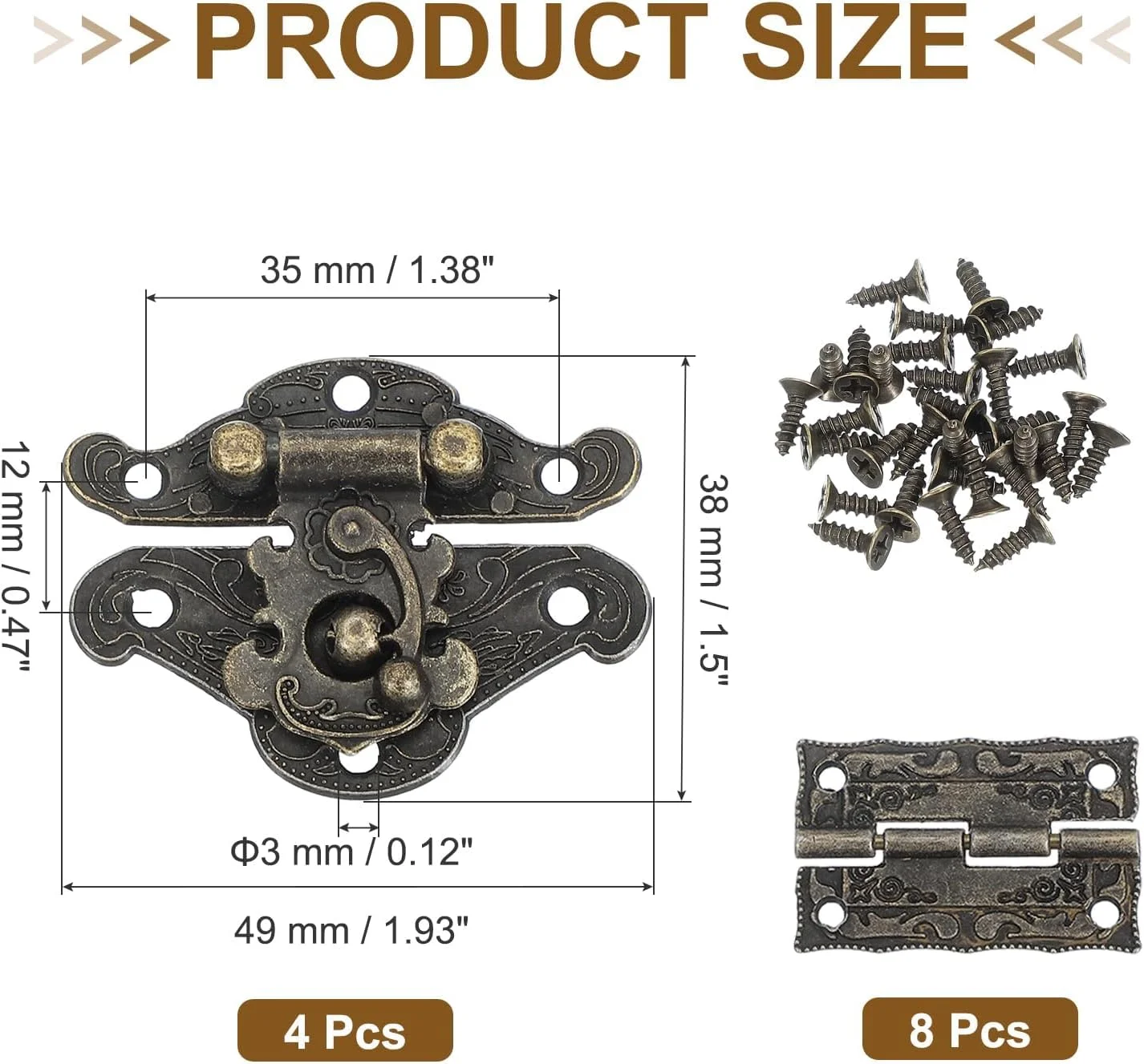 لولای کوچک برای جعبه چوبی، لولای بازوی چرخان حکاکی شده برنزی عتیقه با قلاب قفل راست و پیچ، برای جعبه جواهرات، کابینت چوبی، جعبه ابزار، چمدان، جایگزینی سخت افزار تزئینی