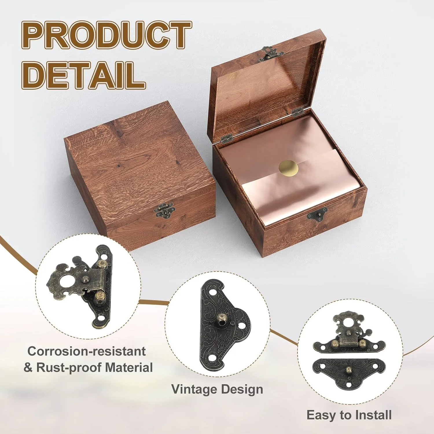 لولای کوچک برای جعبه چوبی، لولای بازوی چرخان حکاکی شده برنزی عتیقه با قلاب قفل راست و پیچ، برای جعبه جواهرات، کابینت چوبی، جعبه ابزار، چمدان، جایگزینی سخت افزار تزئینی
