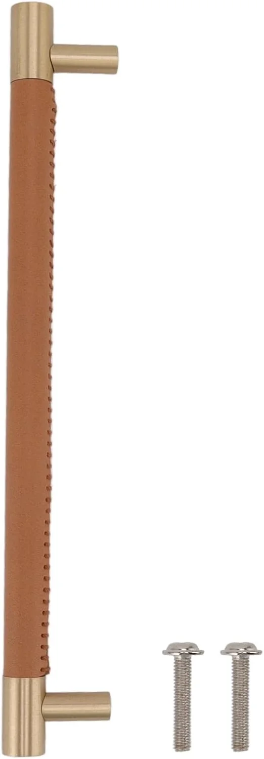 دستگیره درب کابینت Cryfokt، دستگیره میله ای لوکس برنجی چرمی برای کمد با فاصله سوراخ 224 میلی متر همراه با پیچ، دستگیره کشو برای خانه، کمد لباس، کشو (قهوه ای روشن)
