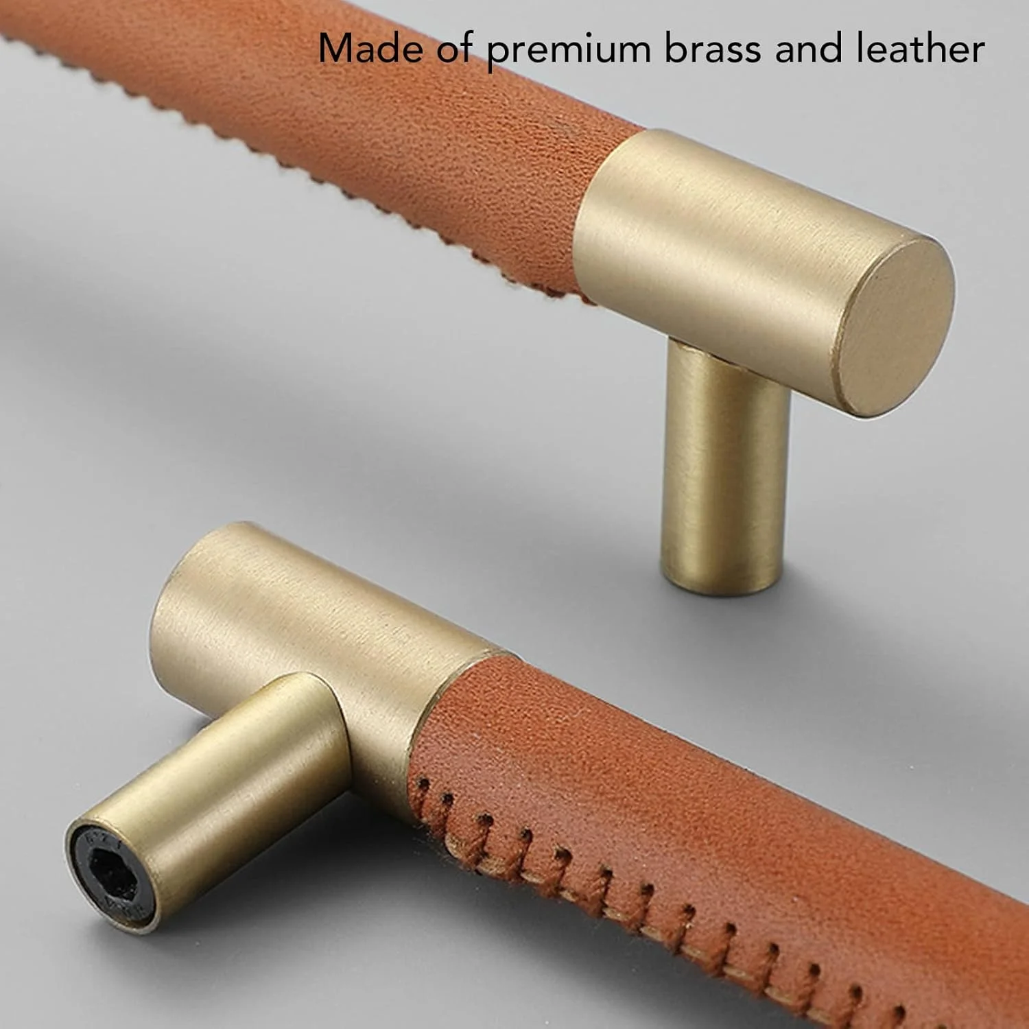 دستگیره درب کابینت Cryfokt، دستگیره میله ای لوکس برنجی چرمی برای کمد با فاصله سوراخ 224 میلی متر همراه با پیچ، دستگیره کشو برای خانه، کمد لباس، کشو (قهوه ای روشن)