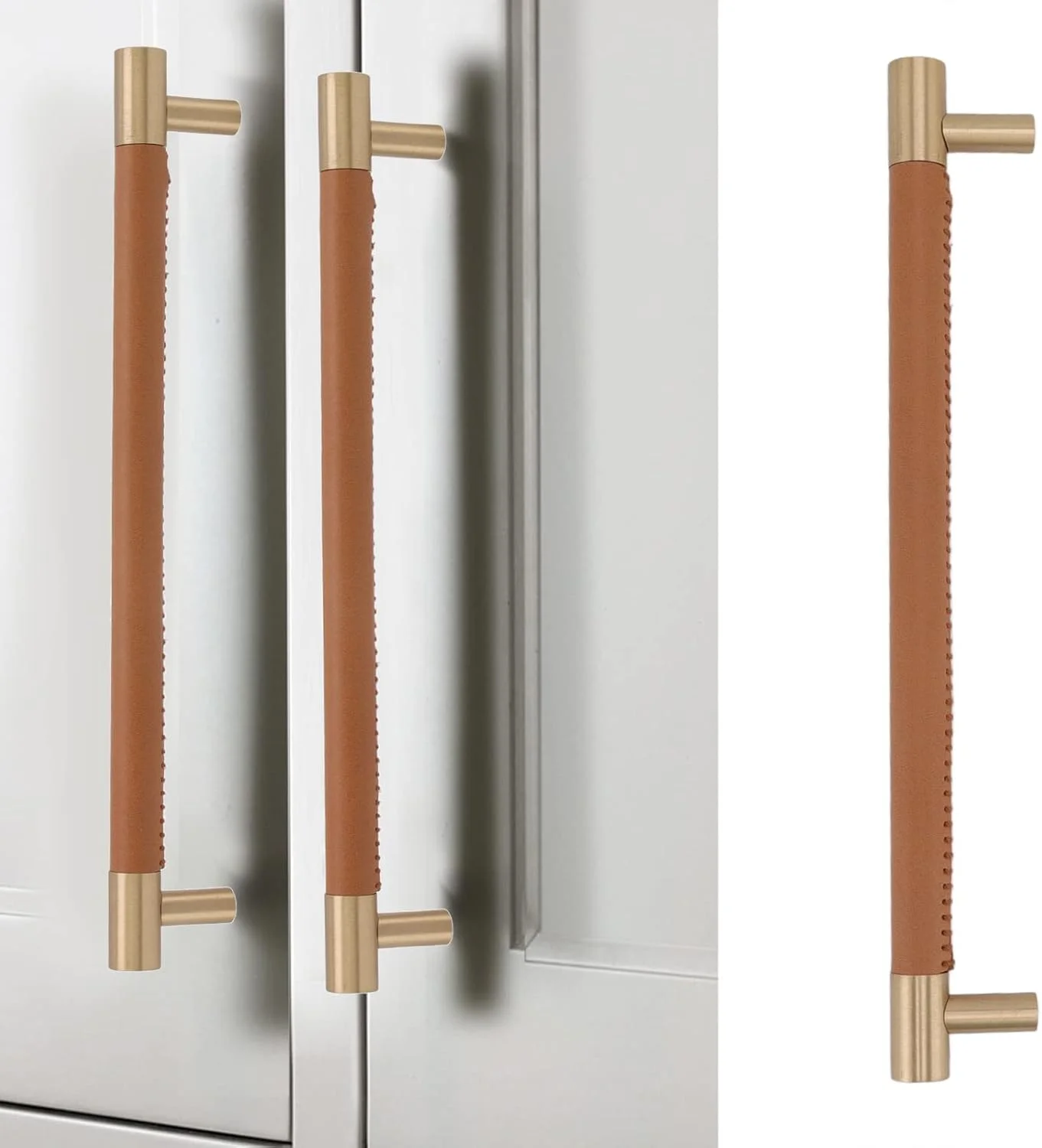 دستگیره درب کابینت Cryfokt، دستگیره میله ای لوکس برنجی چرمی برای کمد با فاصله سوراخ 224 میلی متر همراه با پیچ، دستگیره کشو برای خانه، کمد لباس، کشو (قهوه ای روشن)