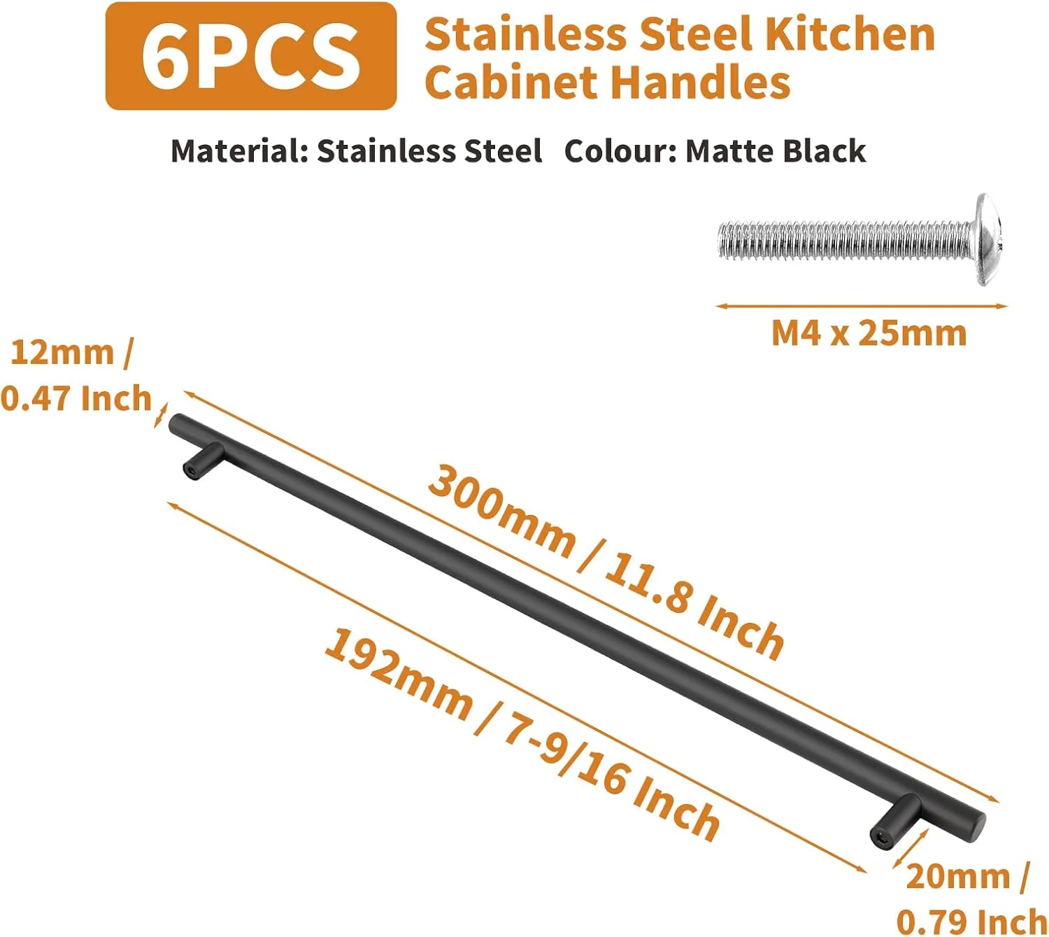 دستگیره کابینت مشکی مات Cjueiom، بسته 6 عددی، مرکز سوراخ 192 میلی متر، دستگیره T میله ای، کشو استیل، دستگیره بلند درب کمد، طول 300 میلی متر، کشو اتاق خواب کابینت آشپزخانه