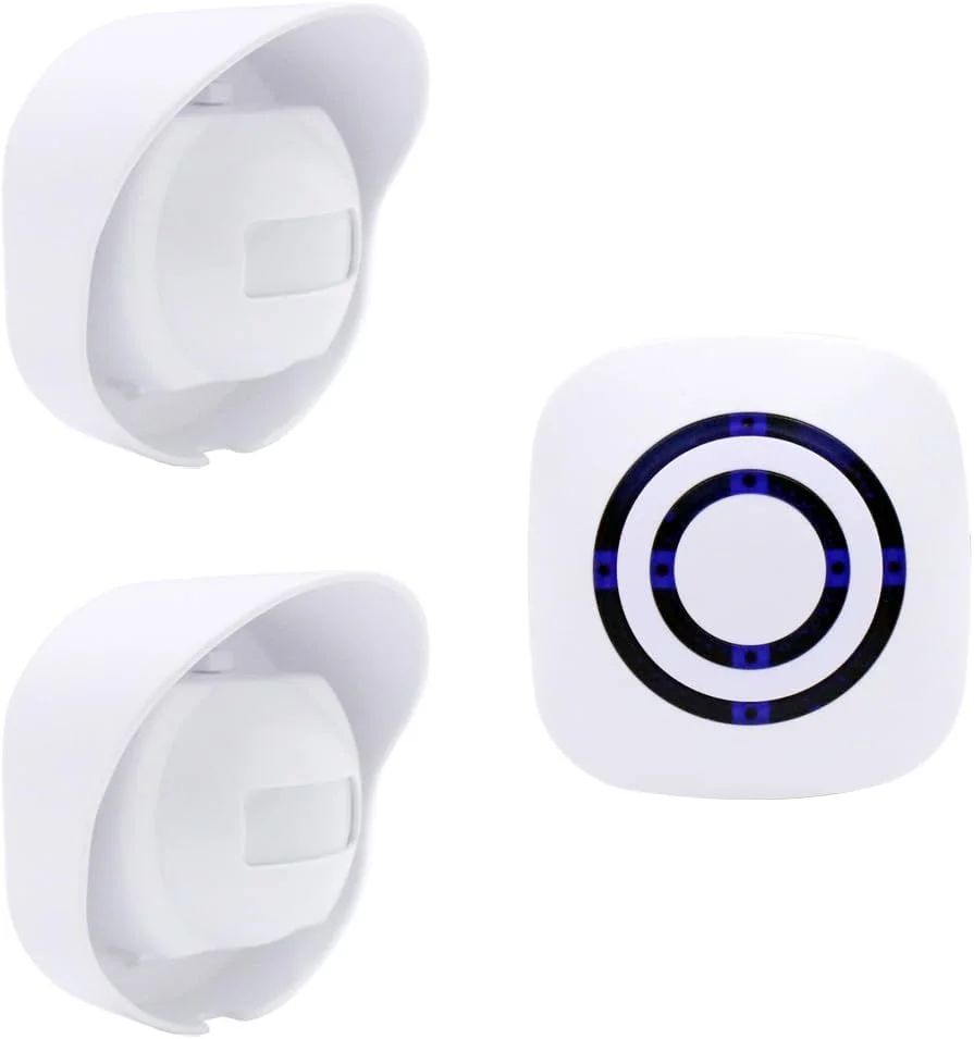 سیستم هشدار حسگر حرکتی Waytronic، زنگ درب، 38 آهنگ زنگ، امنیت خانه، آلارم درب ورودی، زنگ درب بازدید کننده، سفید، 1 گیرنده و 2 حسگر