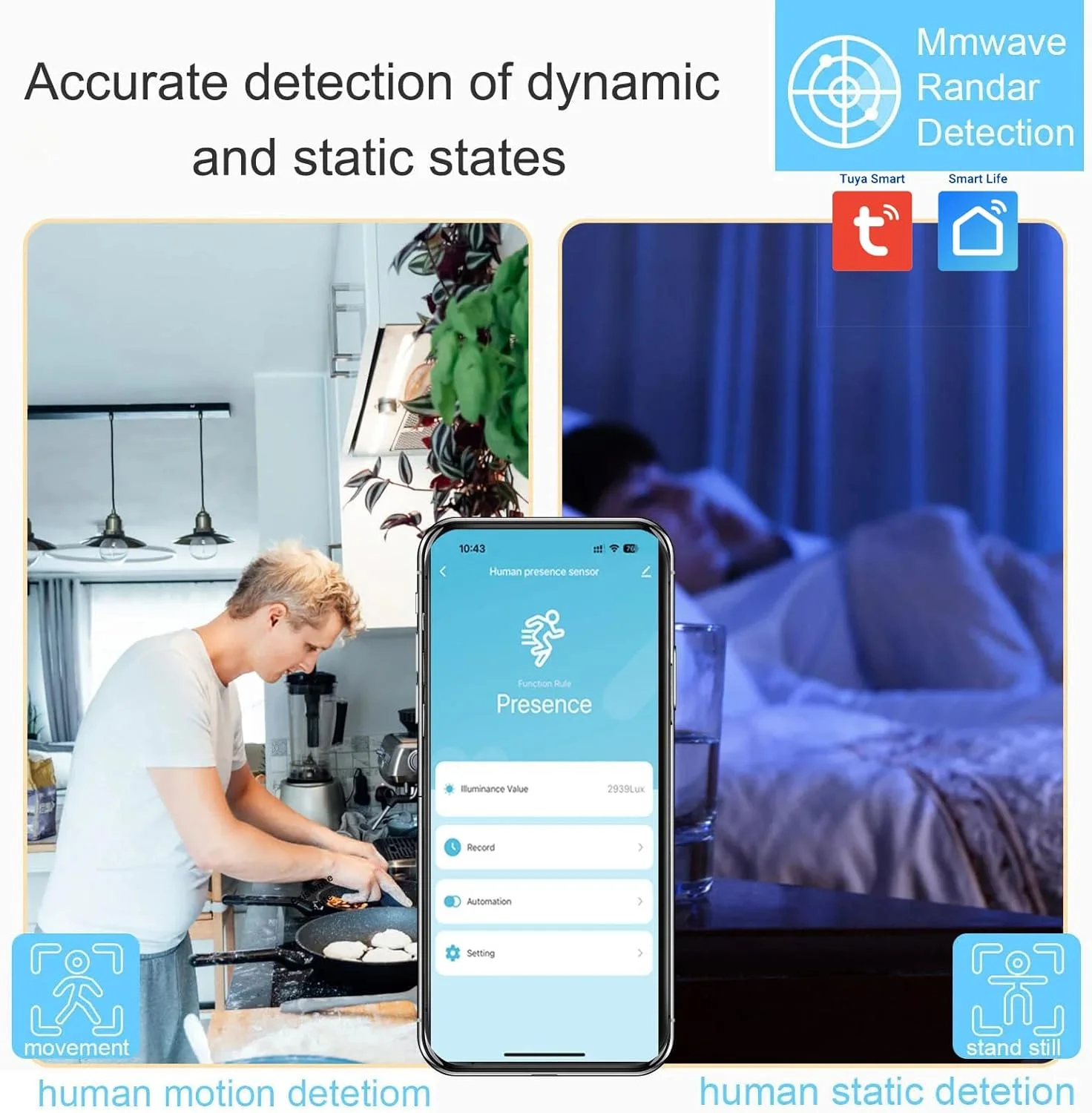 سنسور حضور انسان هوشمند UanTii Tuya، رادار وای فای با سنسور روشنایی، سنسور PIR بدن انسان برای خانه هوشمند، کنترل برنامه Smart Life (نسخه وای فای)
