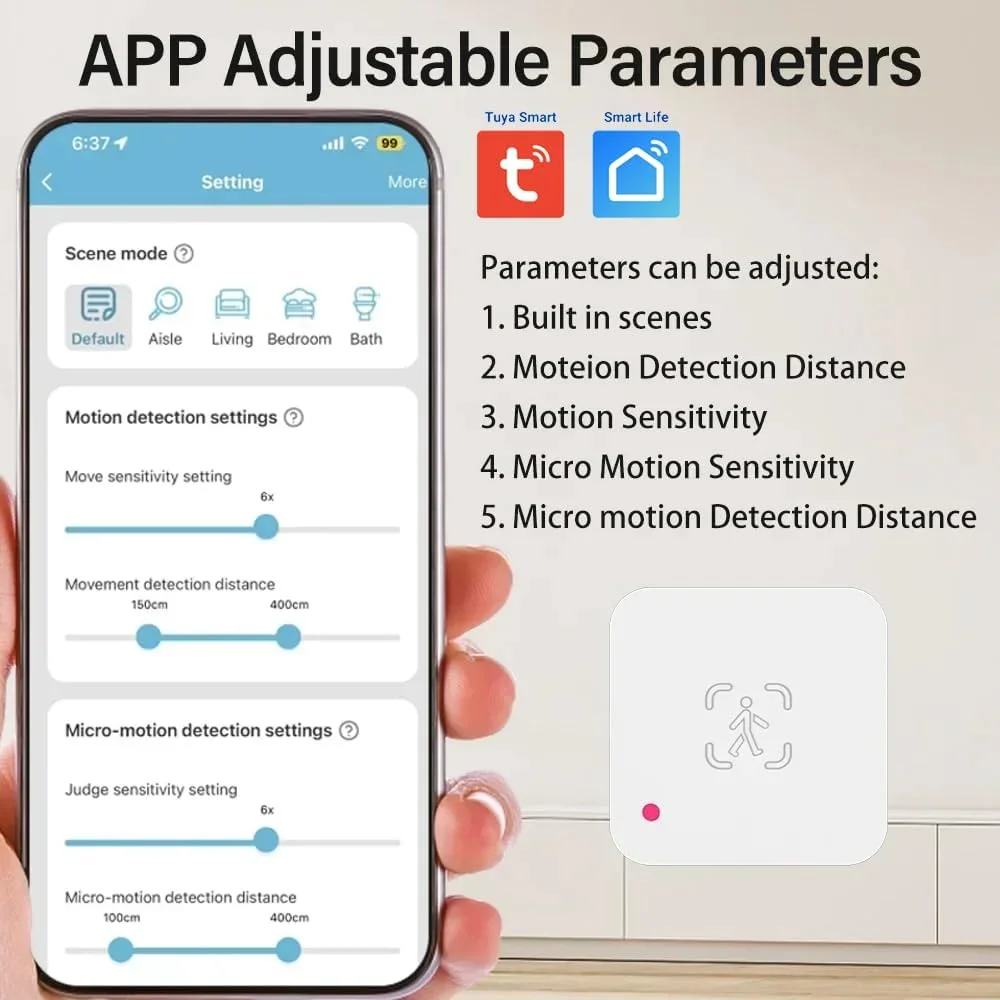 سنسور حضور انسان هوشمند UanTii Tuya، رادار وای فای با سنسور روشنایی، سنسور PIR بدن انسان برای خانه هوشمند، کنترل برنامه Smart Life (نسخه وای فای)