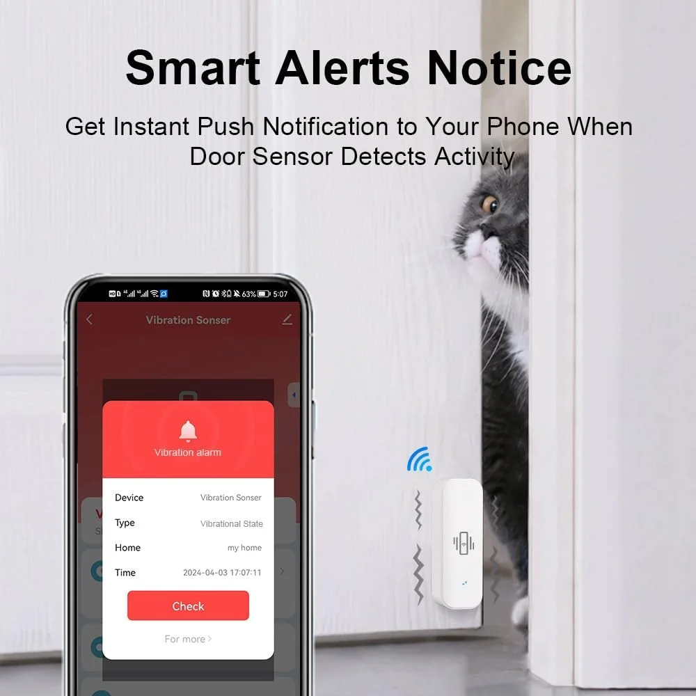 آشکارساز لرزش هوشمند UanTii، حسگر لرزش وای فای Tuya، سیستم امنیتی خانه هوشمند با پشتیبانی از برنامه Smart Life برای نظارت از راه دور، بدون نیاز به هاب (سفید)