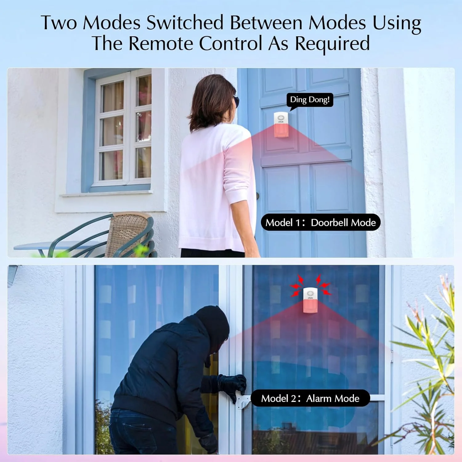 آلارم سنسور حرکتی eMylo، سیستم آلارم امنیتی خانه با سنسور حرکتی، سنسور مادون قرمز داخلی، زنگ درب قابل حمل، آلارم برای سرقت، امنیت، برای خانه و مراکز خرید (با منبع تغذیه USB)