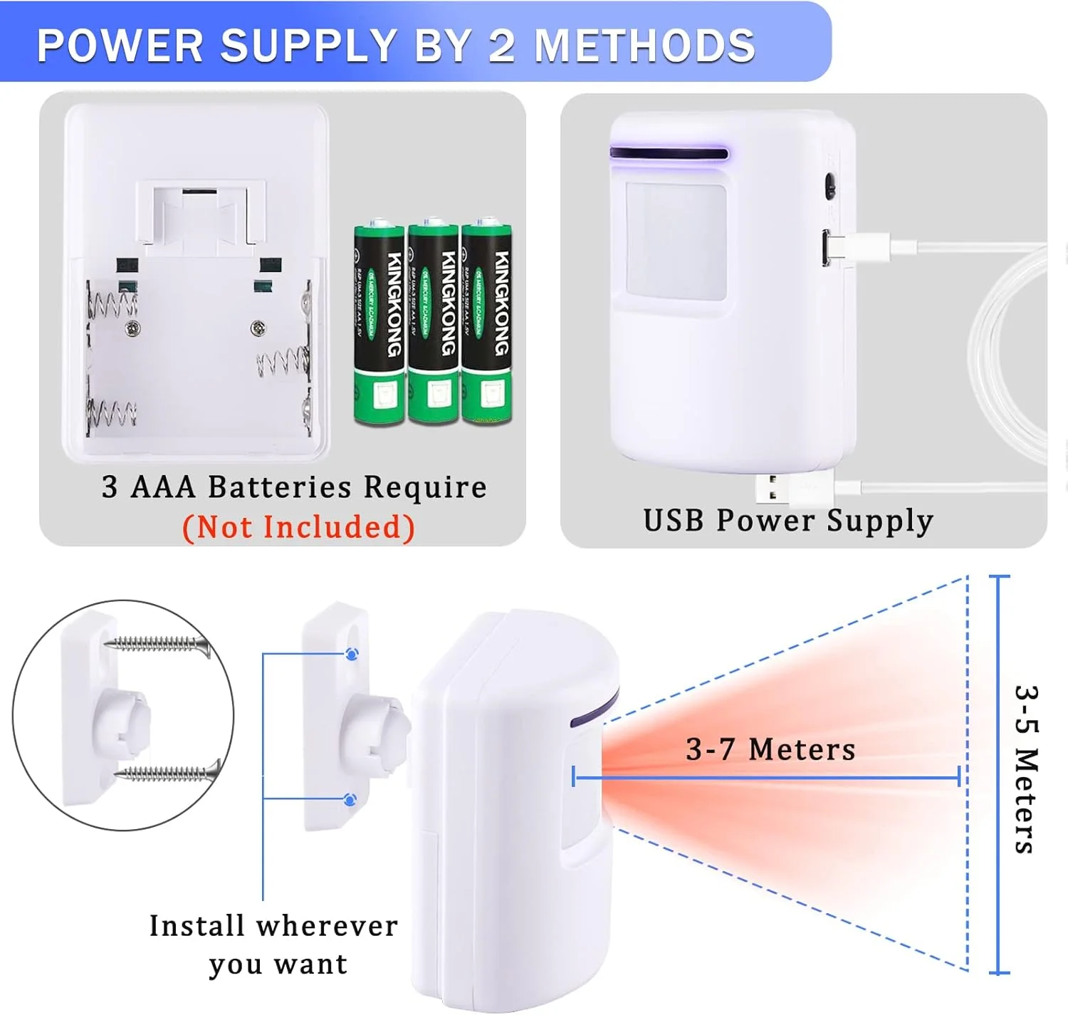 سیستم آلارم سنسور حرکتی Shaogax، آلارم بی‌سیم امنیتی خانه برای راهرو، آلارم تشخیص حرکت داخلی با 2 سنسور و 1 گیرنده - 38 آهنگ زنگ