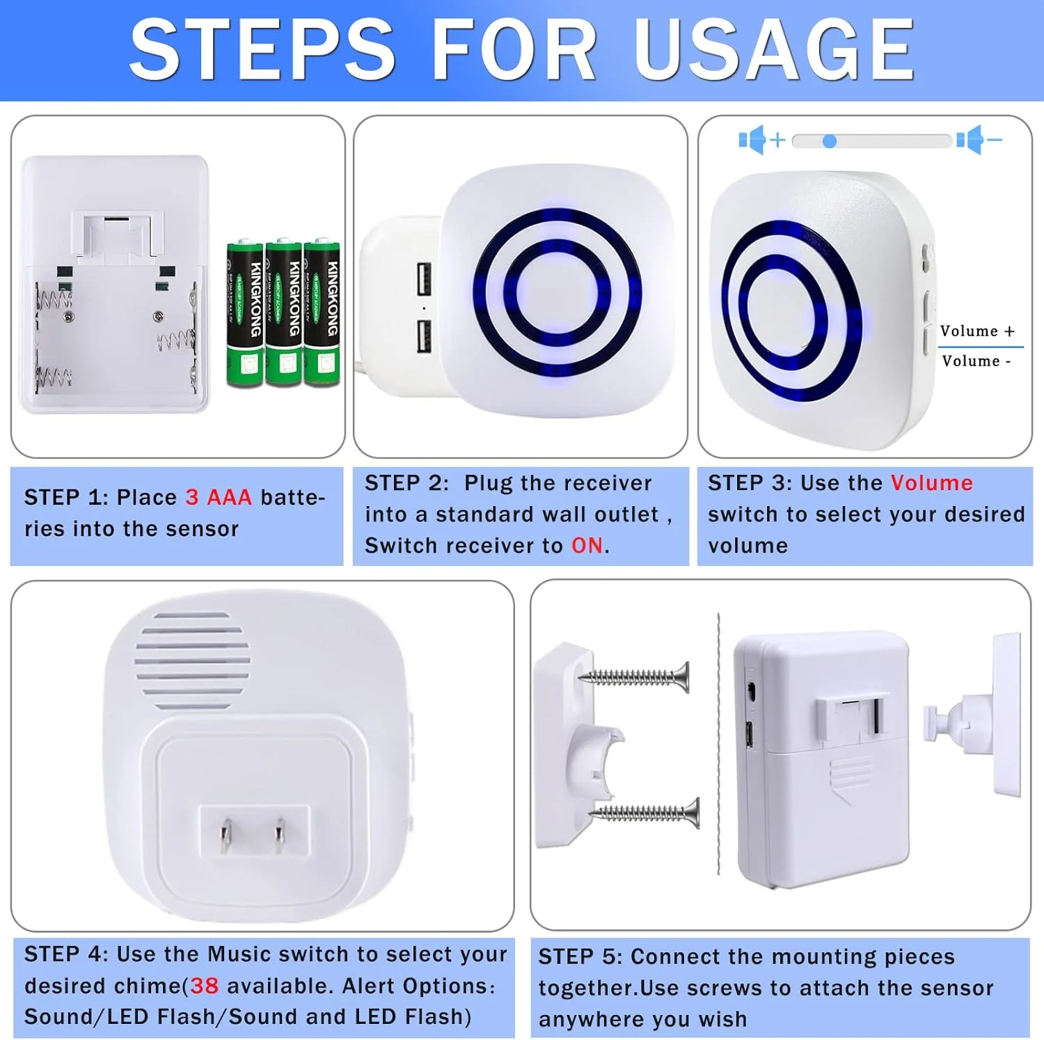 آلارم سنسور حرکتی Shaogax، آلارم بی‌سیم برای ورودی ماشین، سیستم هشدار امنیتی خانگی و تجاری - نظارت و محافظت از ملک - 2 گیرنده و 3 سنسور PIR - 38 آهنگ زنگ